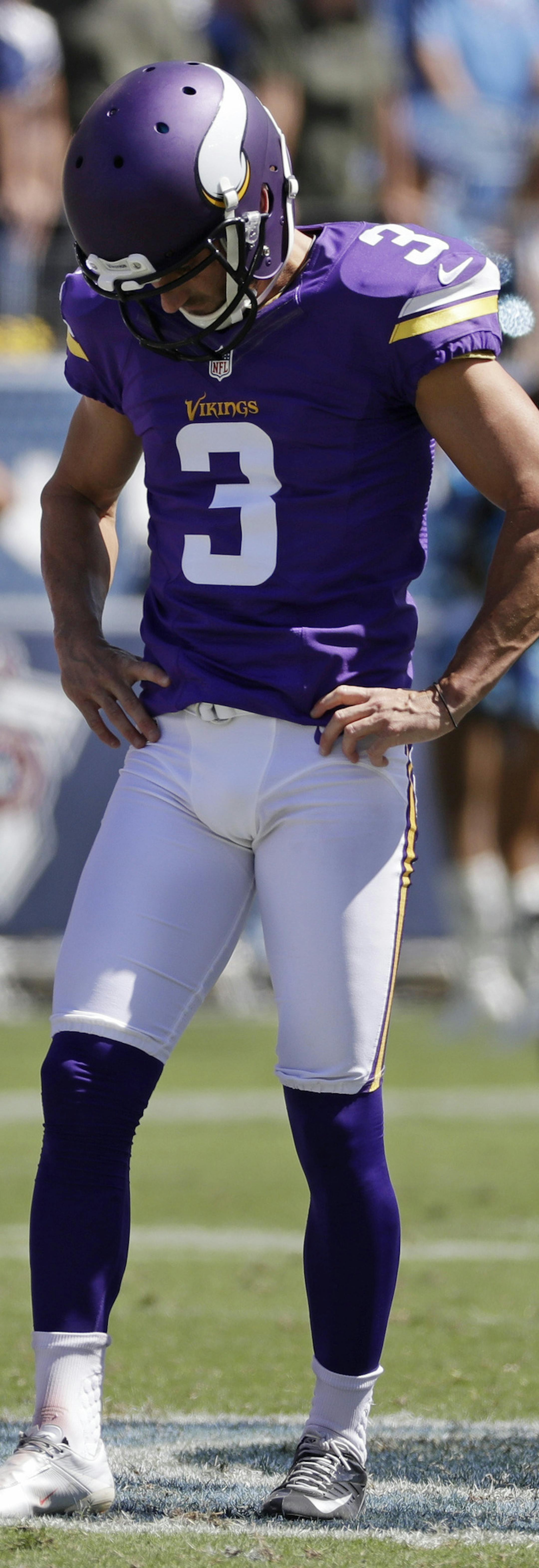 Minnesota Vikings kicker Blair Walsh (3) reacts to missing a 56-yard field goal attempt against the Tennessee Titans in the first half of an NFL football game Sunday, Sept. 11, 2016, in Nashville, Tenn. At left is holder Jeff Locke (18). (AP Photo/James Kenney)