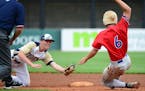 Robbinsdale Armstrong's Troy Ouellette (6) was caught stealing second by Chanhassen infielder Nick Smith (2) in the first inning. The Class 3A state b