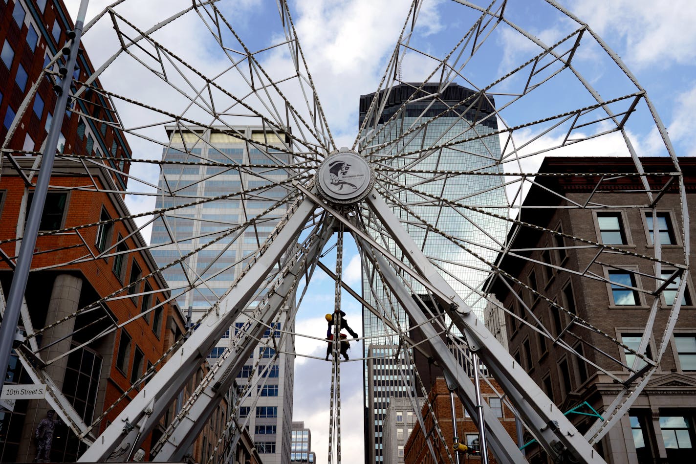 A giant Ferris wheel was erected on Nicollet Mall Tuesday afternoon, in preparation for the Final Four festivities in Minneapolis. There will be a four-day tailgate on Nicollet Mall.