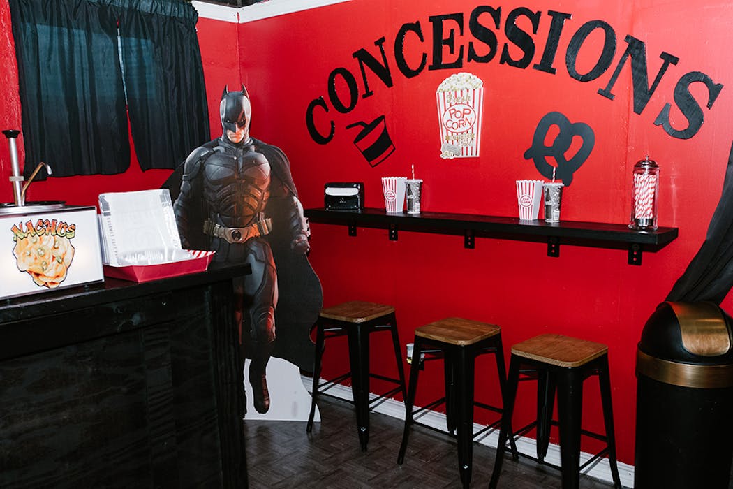 The Sheppard family concession stand — a pandemic addition to the basement theater they built in 2018.