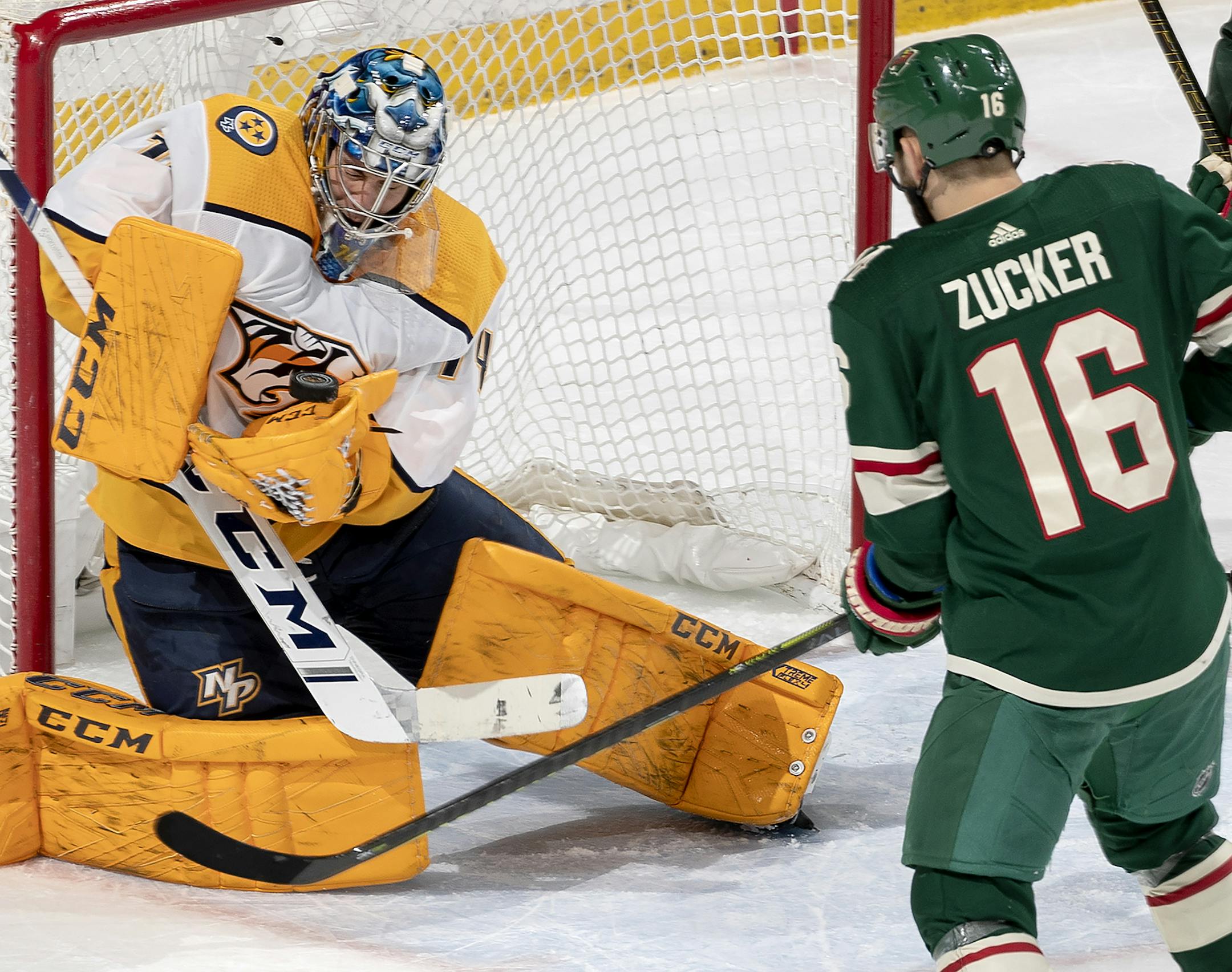 Predators goalie Juuse Saros made a save in the third period vs. the Wild last season. ] CARLOS GONZALEZ &#x2022; cgonzalez@startribune.com &#x2013; St. Paul, MN &#x2013; March 25, 2019, Xcel Energy Center, NHL, Hockey, Minnesota Wild vs. Nashville Predators