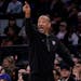 Pistons coach Monty Williams reacted during the second half of Monday's game at New York.