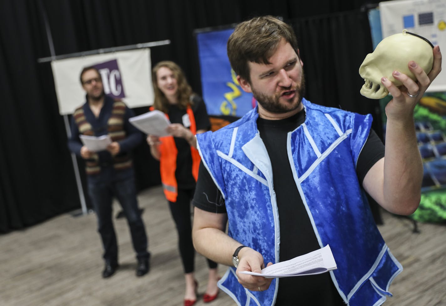 Actors Lindy Jackson, center and Joe Heaney, right, rehearsed a skit with director Jon Mikkelsen, left, at the National Theatre for Children headquarters on Monday, October 31, 2016, in Golden Valley, Minn. ] RENEE JONES SCHNEIDER &#x2022; renee.jones@startribune.com ORG XMIT: MIN1611010220026303