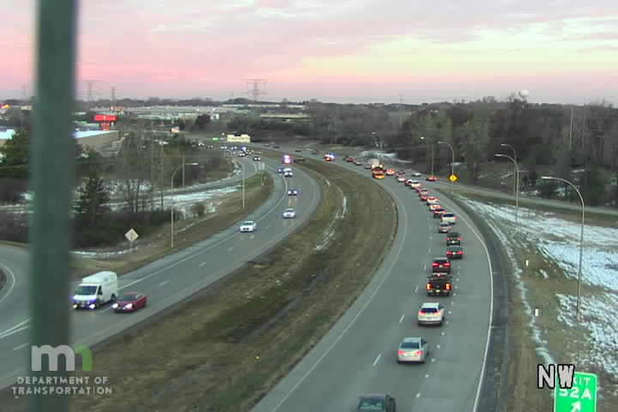 A vehicle rolled over and landed in the median on I-694 near the Hwy. 36 interchange in Pine Springs in the northeast part of the metro on Wednesday morning.