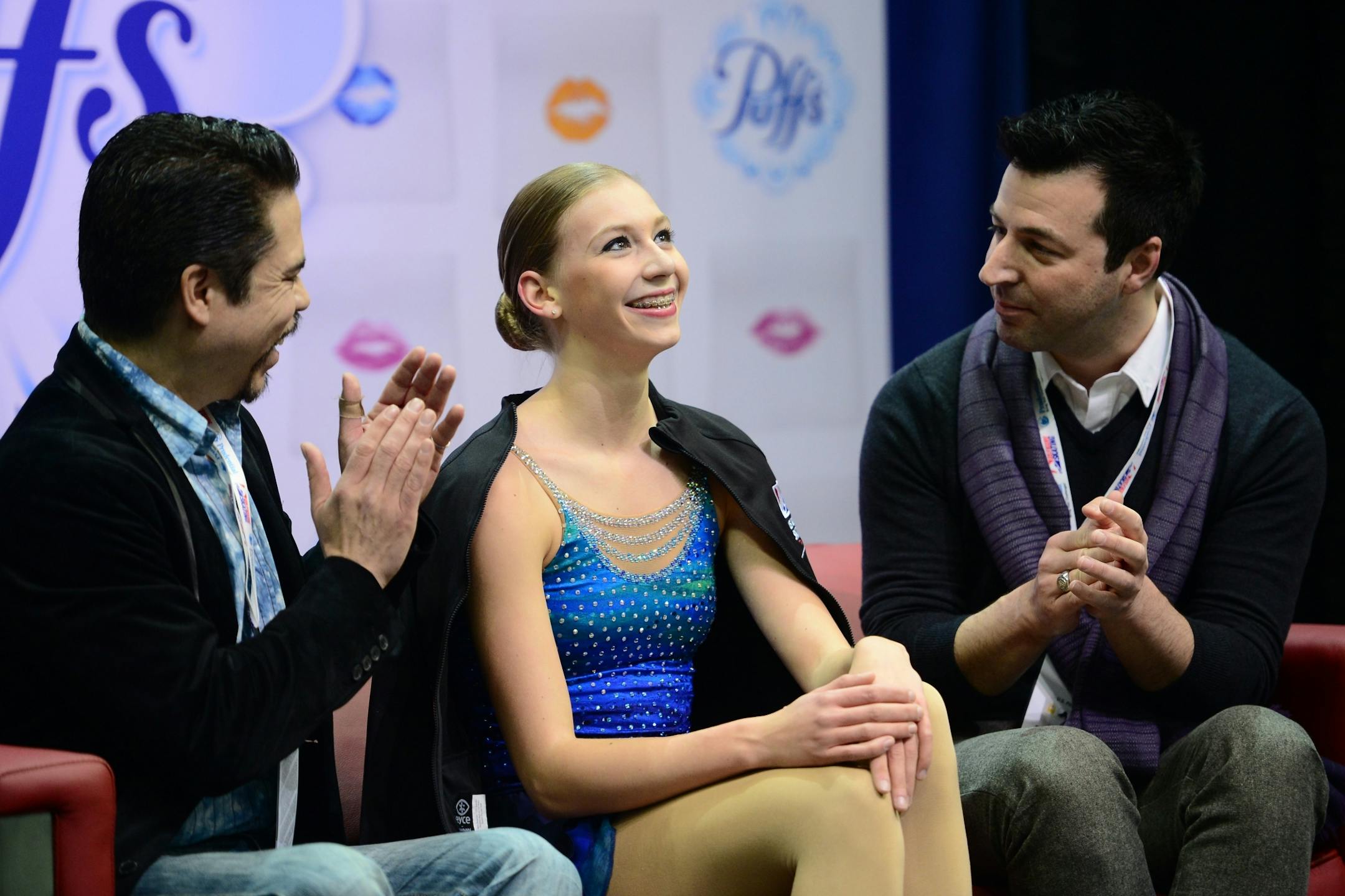 Polina Edmunds reacted after placing first with a score of 70.19 in the Championship Ladies Short Program,
