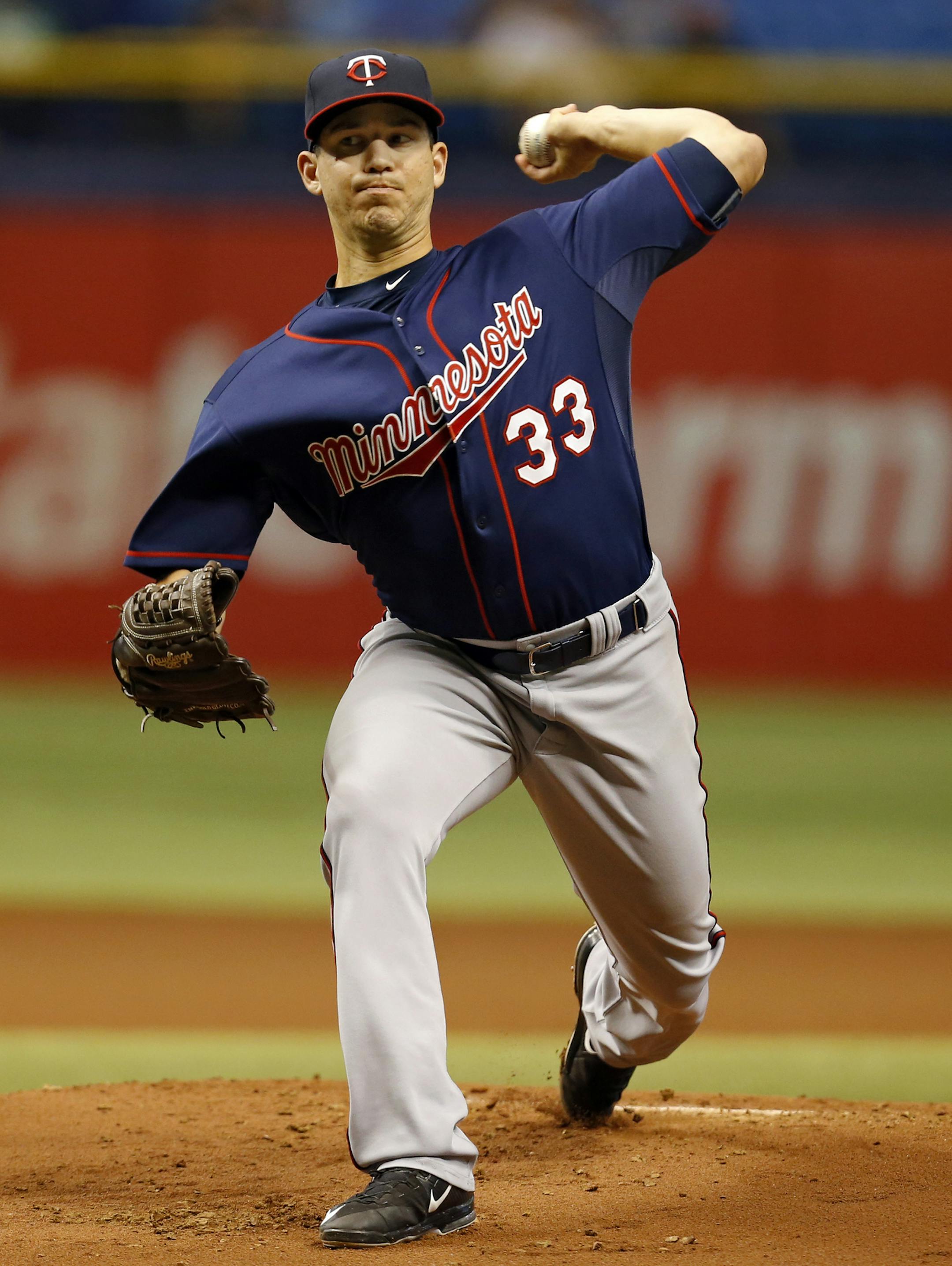 Minnesota Twins starting pitcher Tommy Milone throws during the first inning of a baseball game against the Tampa Bay Rays on Thursday, Aug. 27, 2015, in St. Petersburg, Fla. (AP Photo/Mike Carlson)