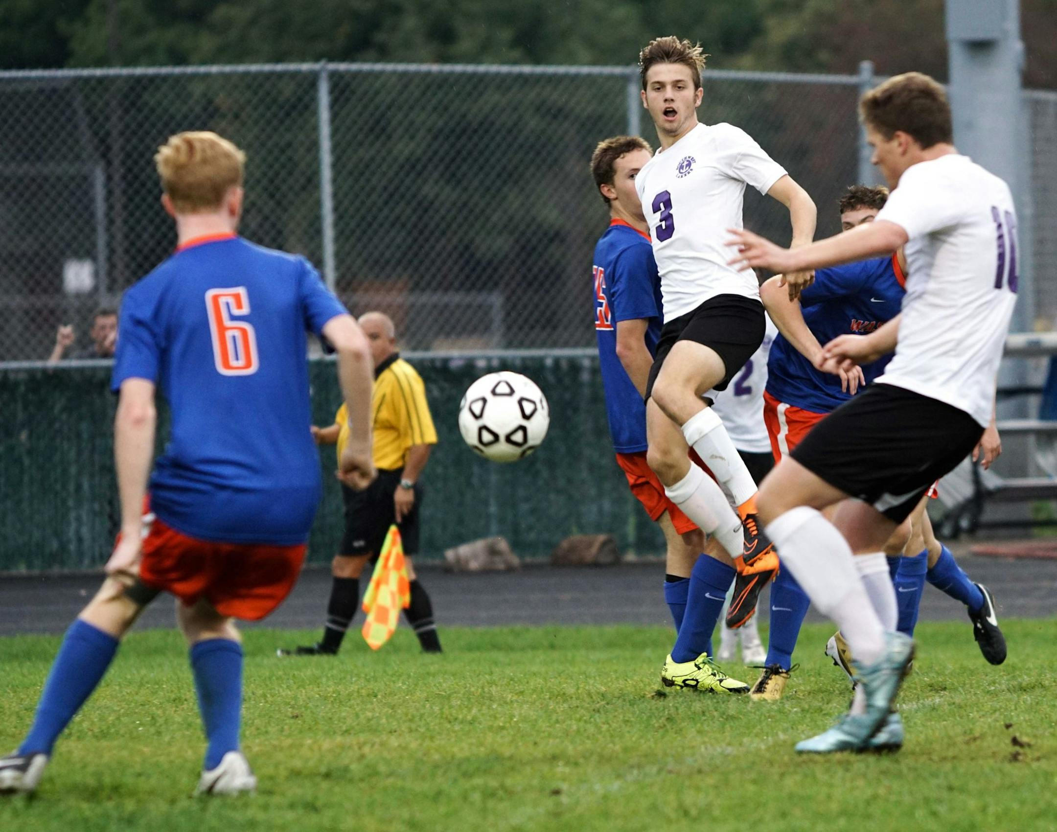 Callen Knutson, Minneapolis Southwests boys' soccer, #3, in a game earlier this season agains Minneapolis Washburn.