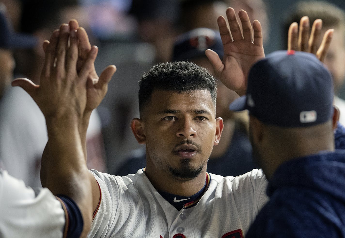 Eduardo Escobar was greeted by teammates after scoring in the eighth inning. ] CARLOS GONZALEZ &#xef; cgonzalez@startribune.com &#xf1; May 21, 2018, Minneapolis, MN, Target Field, MLB, Minnesota Twins vs. Detroit Tigers