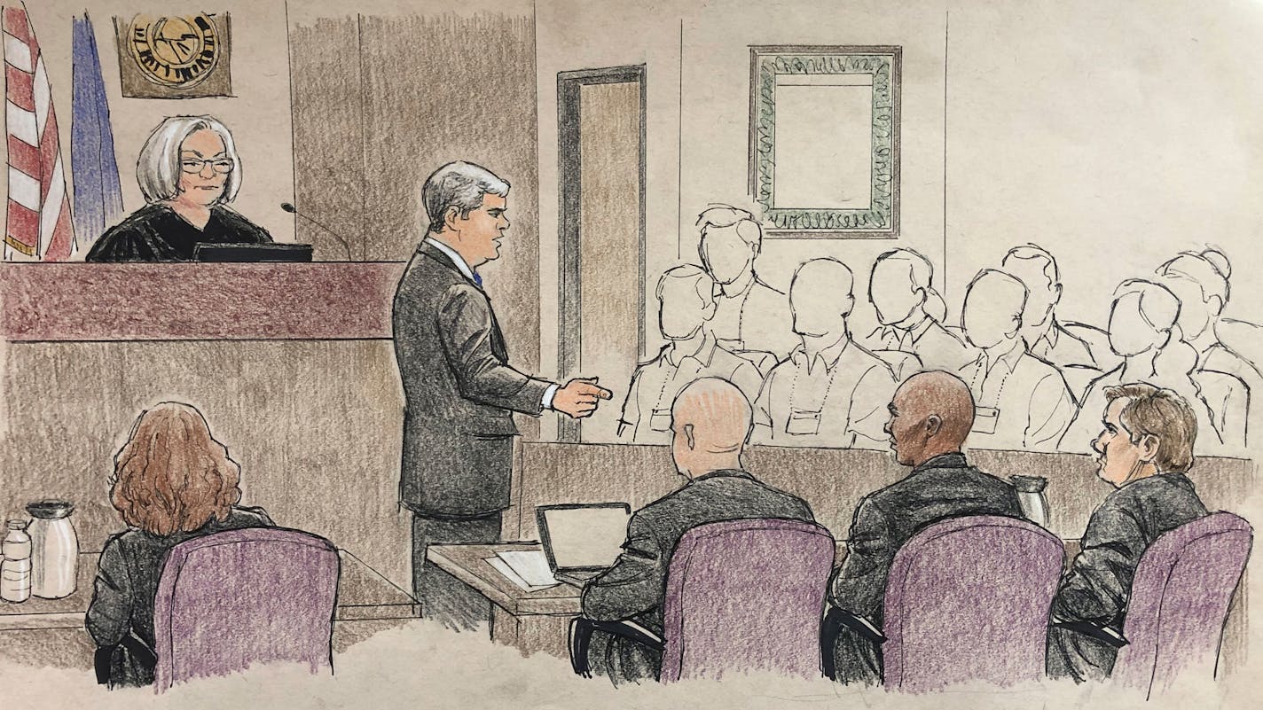 Opening arguments are depicted in the trial of former Minneapolis police Officer Mohamed Noor.