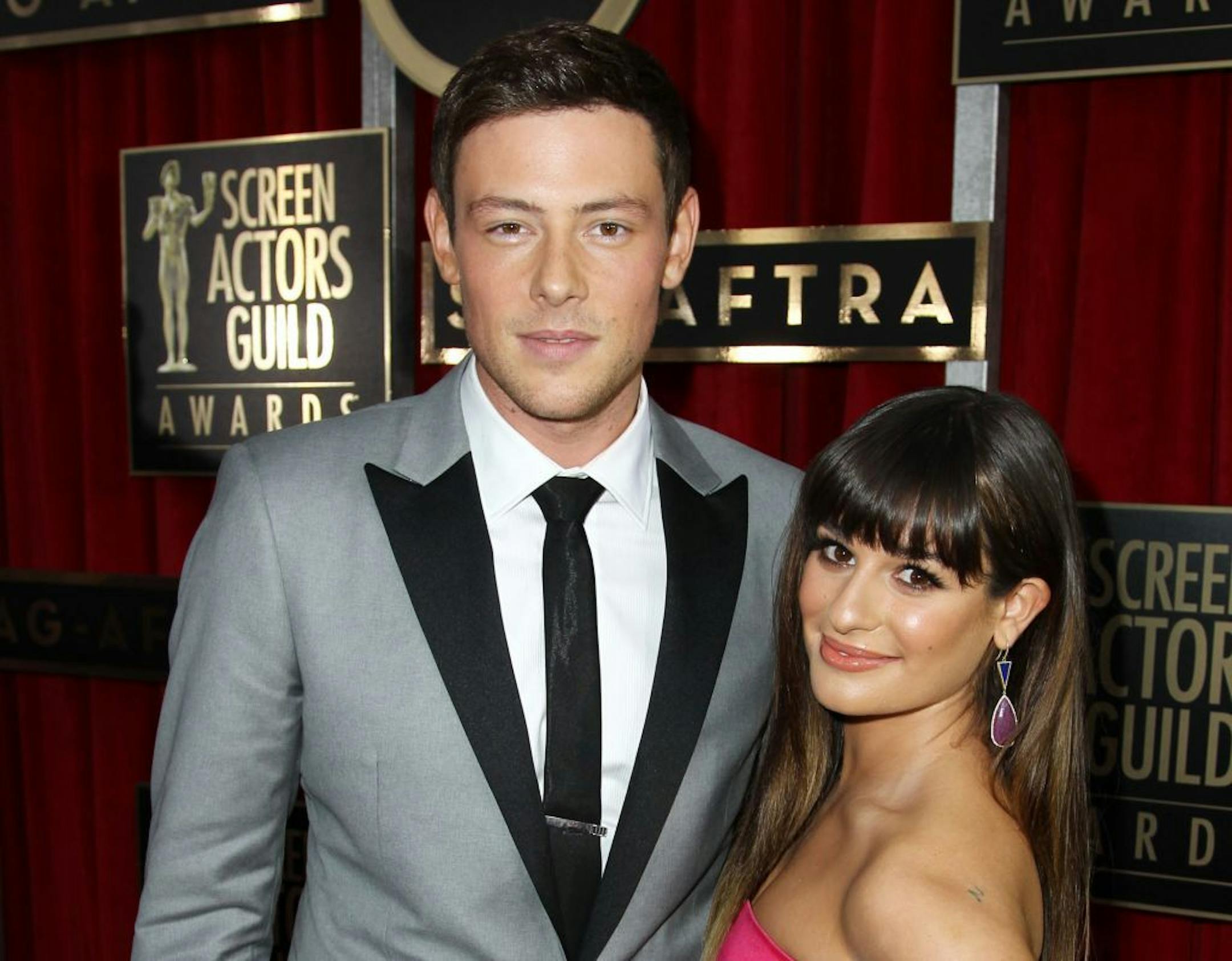 FILE - In this Jan. 27, 2013 file photo, Cory Monteith, left, and Lea Michele arrive at the 19th Annual Screen Actors Guild Awards at the Shrine Auditorium in Los Angeles. Lea Michele is breaking her silence online after her �Glee� co-star and real-life boyfriend Cory Monteith died of an overdose earlier this month. The actress posted a photo of her and Monteith on Twitter Monday along with a message thanking her followers for �helping me through this time with your enormous love & support.� Mon