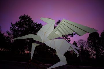 "Hero's Horse," at the Origami in the Garden at the Minnesota Landscape Arboretum. Sculpture by Robert J. Lang and Kevin Box, (Photo by Jason Boudreau