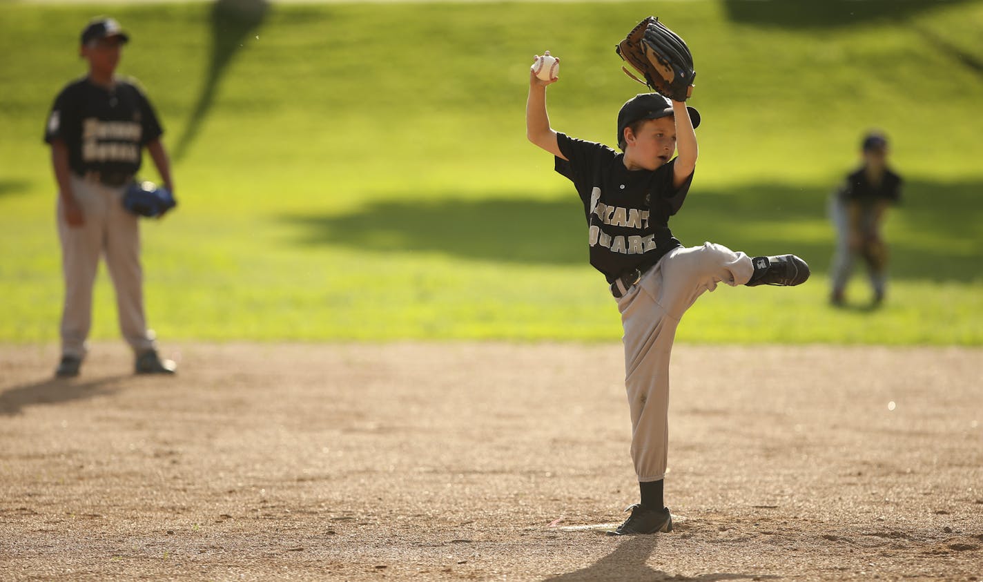 Bryant Square pitcher Jeremiah O'Connell, 8, wound up for a pitch against Kenwood-Bryn Mawr during their game last month at Bryant Square Park. ] JEFF WHEELER &#x201a;&#xc4;&#xa2; jeff.wheeler@startribune.com The Bryant Square Park rec center little league team had a game on their home field Wednesday night, June 18, 2014.