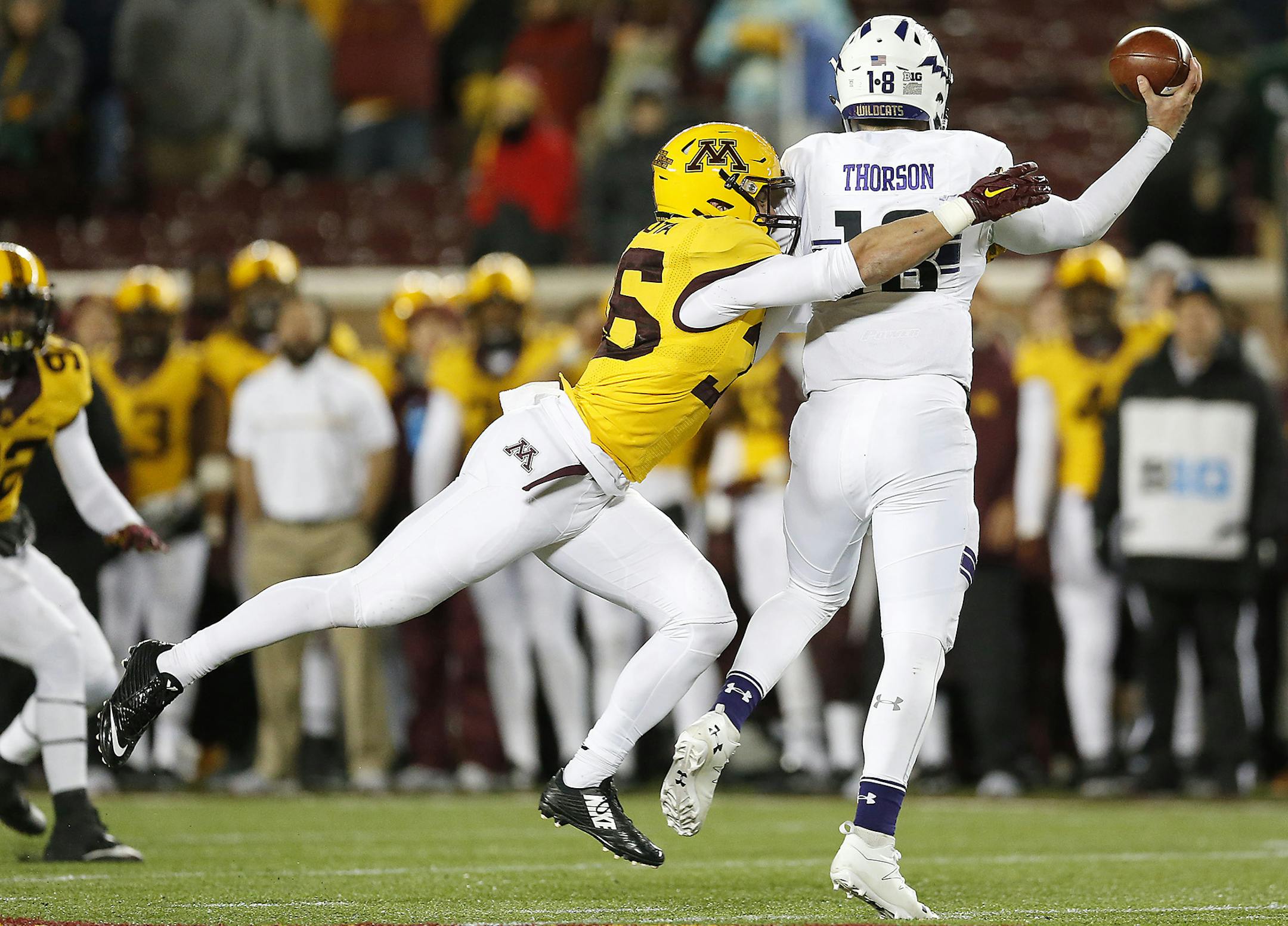 Gophers linebacker Blake Cashman put the pressure on Northwestern quarterback Clayton Thorson last season.