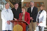 Sen. Amy Klobuchar addresses the public about the flu during a news conference at Fairview Southdale Hospital on Sunday, Feb. 11, 2018 in Edina. Klobu