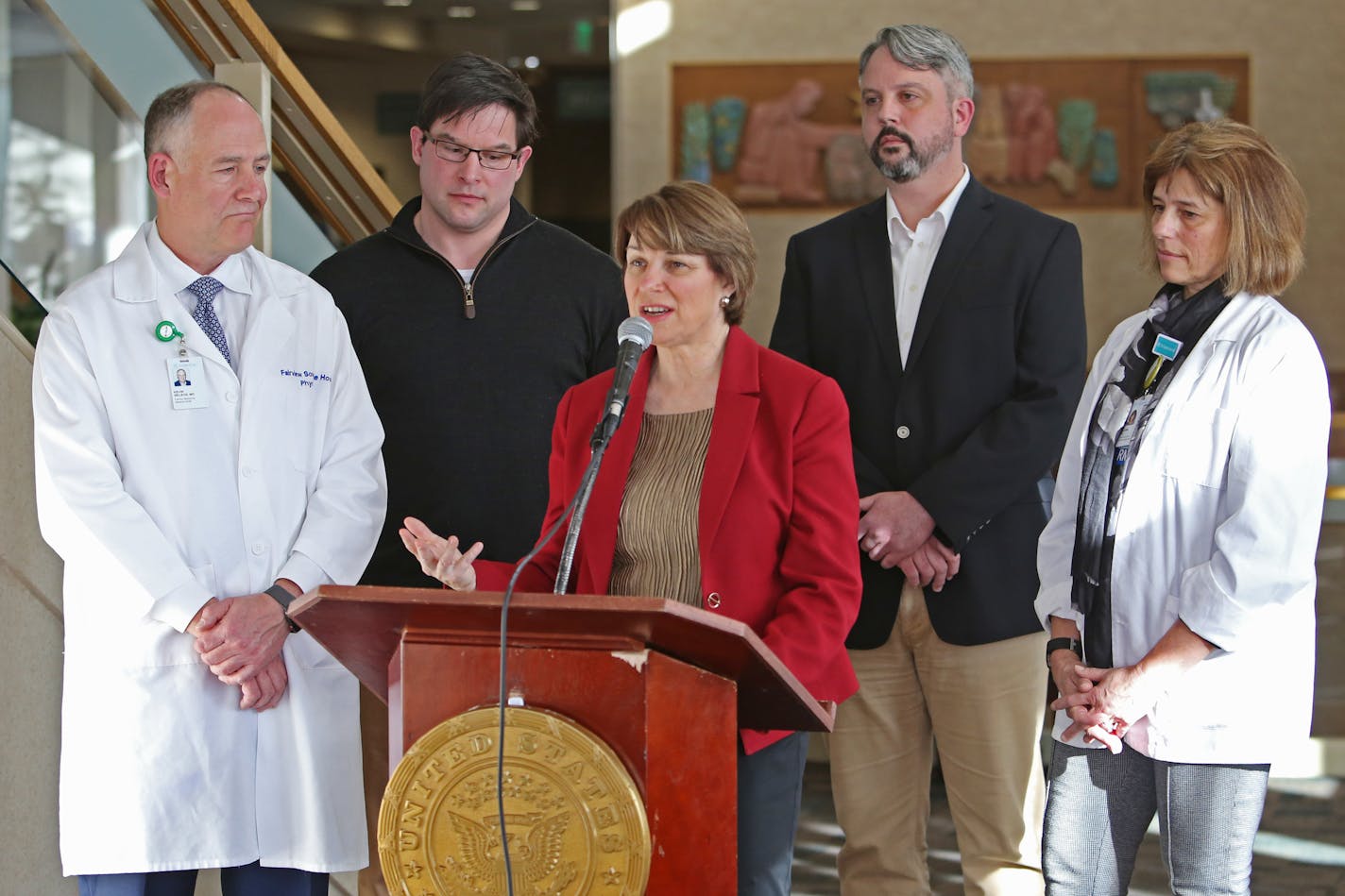 Sen. Amy Klobuchar addresses the public about the flu during a news conference at Fairview Southdale Hospital on Sunday, Feb. 11, 2018 in Edina. Klobuchar covered how Minnesota is responding to flu season, noting legislation for a more expansive flu vaccine and a need for the recovery of saline plants in Puerto Rico that were destroyed in Hurricane Maria. At the end, she wondered whether Super Bowl out-of-towners came into the emergency room with frost bite.