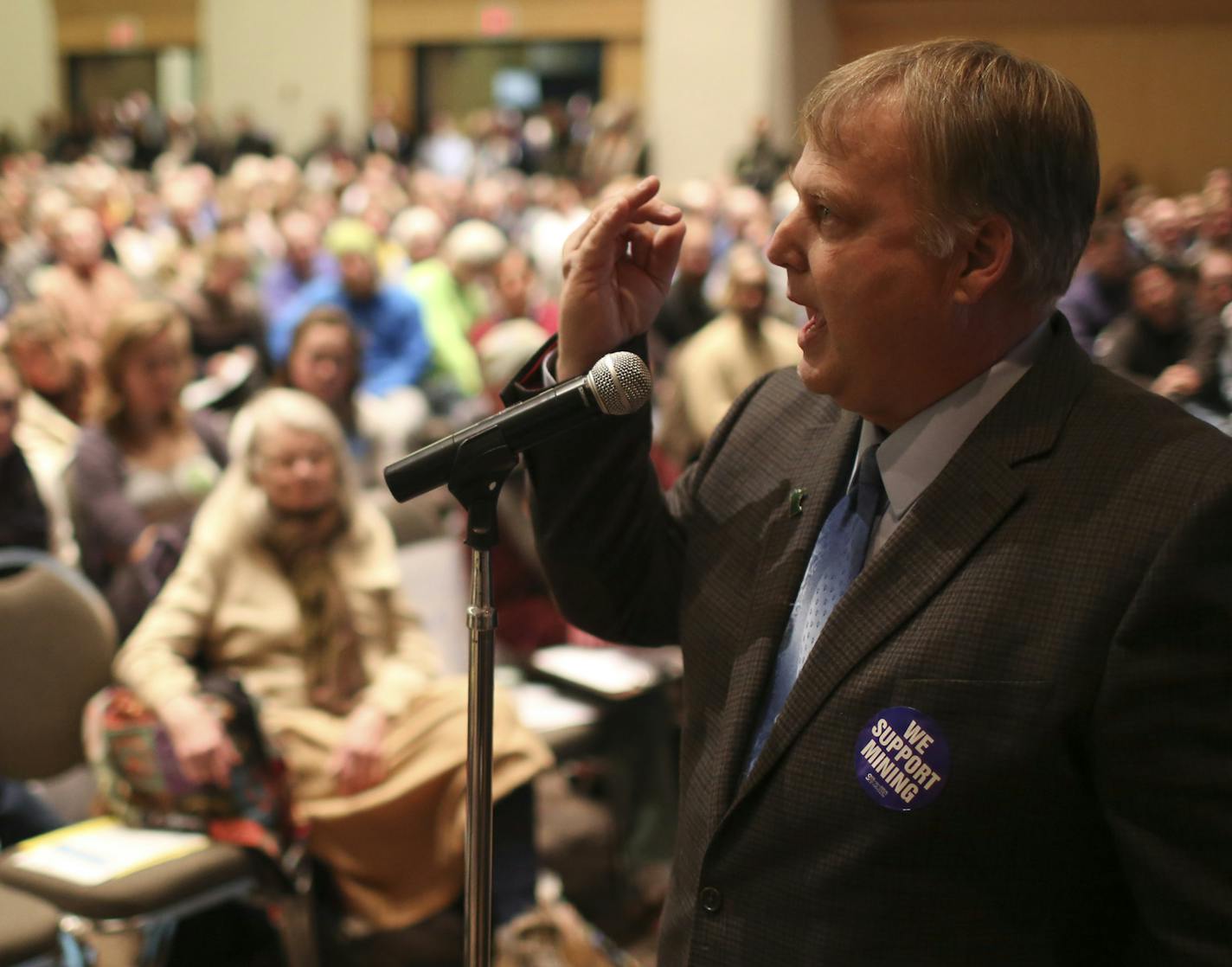 The third public hearing on the Supplemental Draft Environmental Impact Statement for PolyMet's proposed NorthMet mine took place Tuesday night, January 28, 2013 at RiverCentre in St. Paul. Mayor Mark Skelton of Hoyt Lakes, spoke to the standing room only crowd in support of the proposed mine. A processing plant for the mine would be located in his town. ] JEFF WHEELER &#x201a;&#xc4;&#xa2; jeff.wheeler@startribune.com