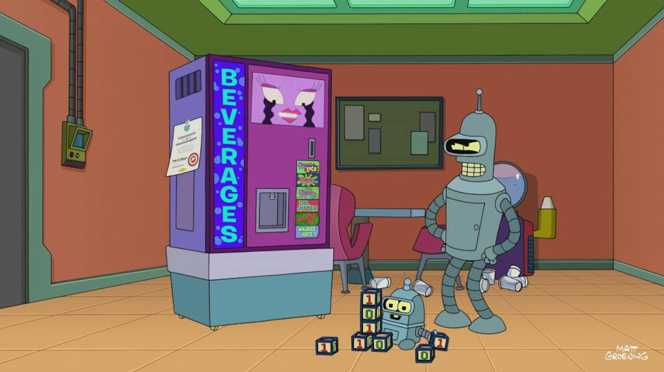 In "The Bots and the Bees" episode of Futurama, Bender and a vending machine produce a little robot.credit: 20th Century Fox