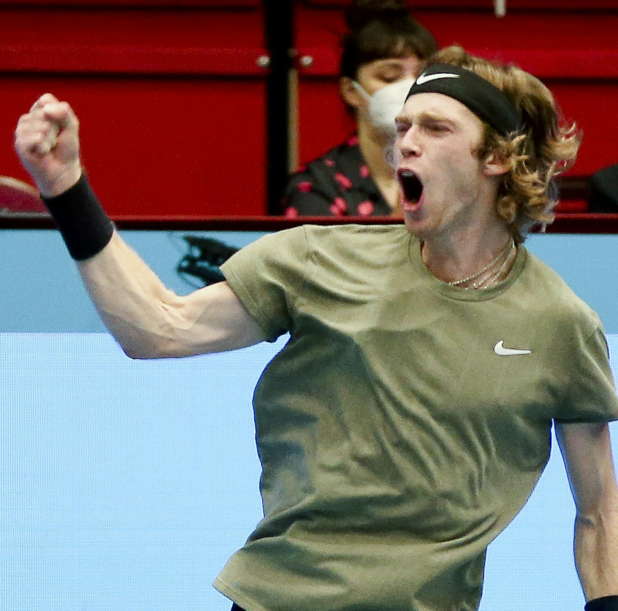 Andrey Rublev of Russia reacts after winning against Italy's Lorenzo Sonego the final match at the Erste Bank Open tennis tournament in Vienna, Austria, Sunday, Nov. 1, 2020. (AP Photo/Ronald Zak)