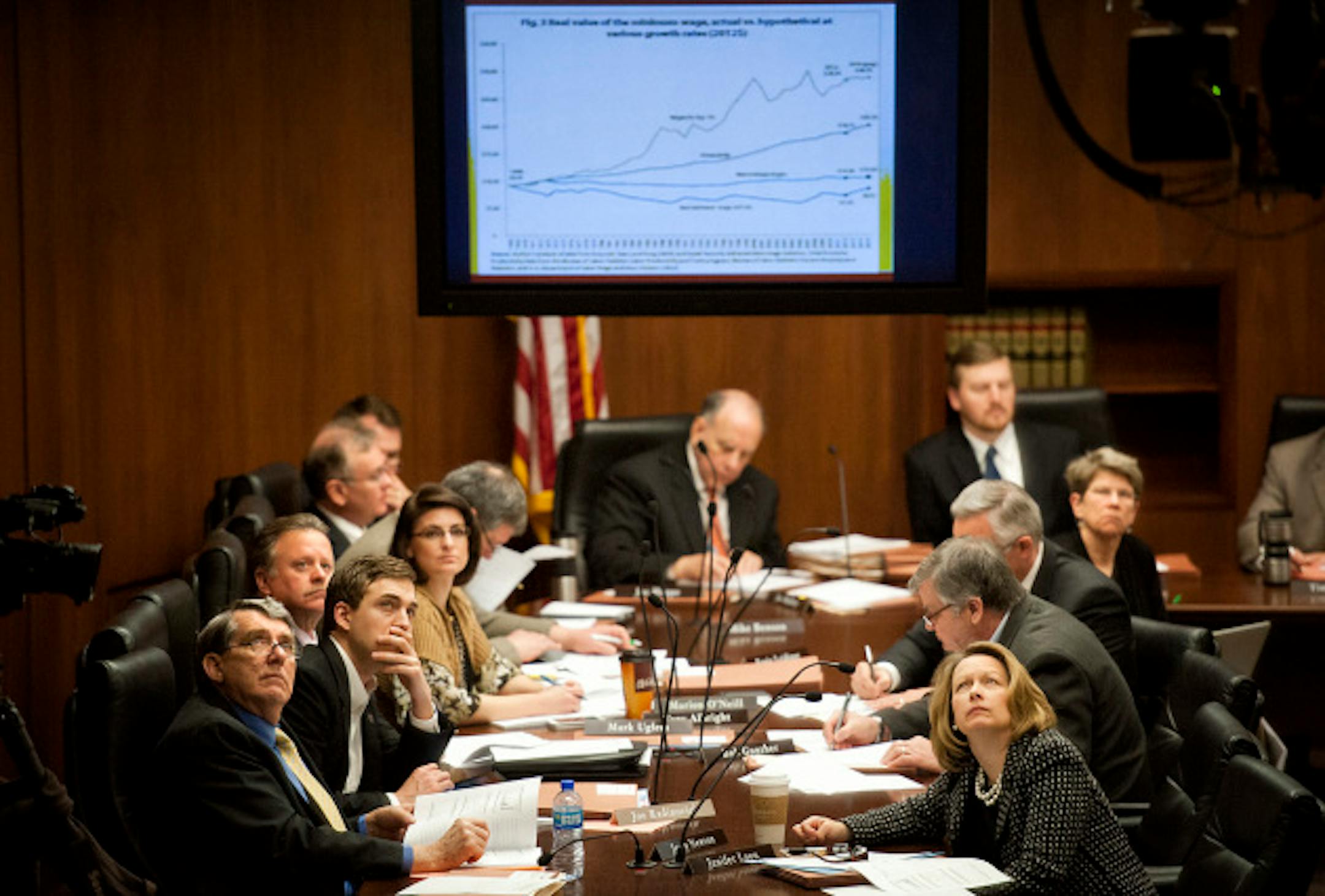 Legislators looked at a graphic from Douglas Hall of the economic policy institute the real value of the minimum wage had fallen dramatically since its inception.  The House select committee on living wage jobs heard testimony Monday, February 25, 2013  about the effects of a minimum wage increase would have on Minnesota.     ]   GLEN STUBBE * gstubbe@startribune.com