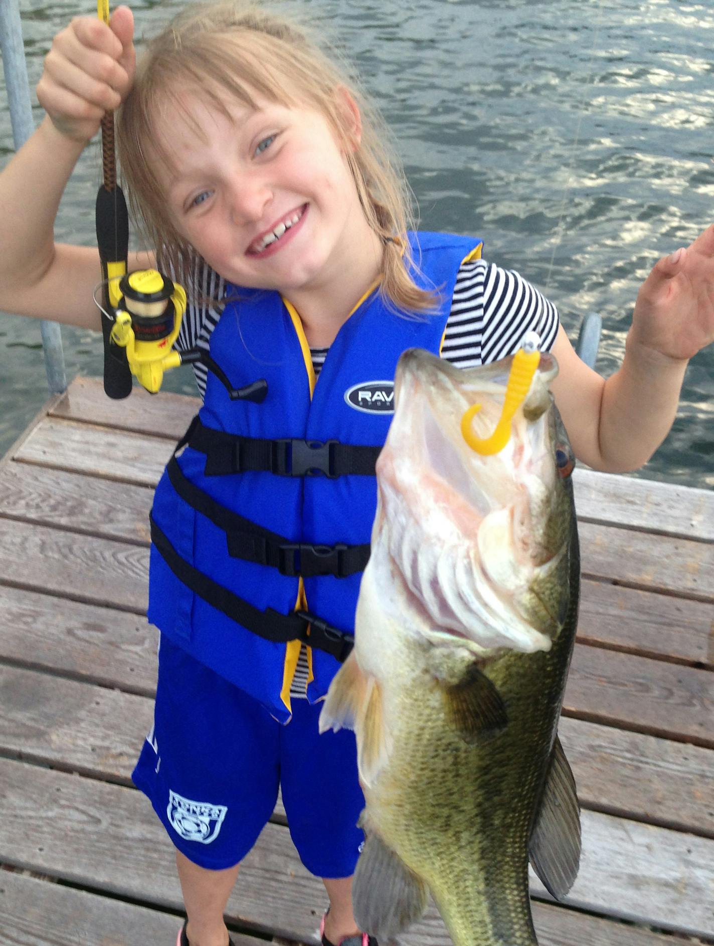 FIRST CAST &#xec;Much to her surprise, my 6-year-old daughter, Harlow, caught this 17-inch largemouth bass off the dock on her first cast!&#xed;&#xed; reported dad, Steve Berger of Excelsior. She was fishing Lake Minnetonka using a leech and white jig with yellow plastic twister tail. &#xec;We released the fish,&#xed;&#xed; dad said.