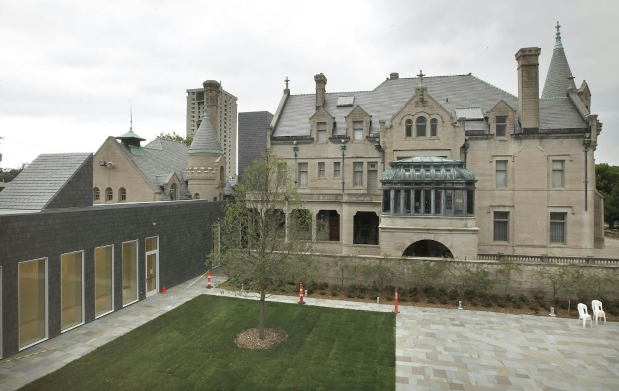 The courtyard of the Institute. ___ On Sat. 30 June the American Swedish Institute will open a 34,000 sq. ft addition to its gray limestone castle. Designed by HGA architects Tim Karl with ASI director and CEO Bruce Karstadt. The Institute aims to be first MN museum to get LEED Gold level certification with green roof, native plant landscaping, sustainable building materials etc. [ TOM WALLACE � twallace@startribune.com _ Assignments #20024064A_ June 20, 2012_ SLUG: art0629_ EXTRA INFORMATION: C