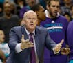 Charlotte Hornets coach Steve Clifford argues an official's call as Charlotte plays the Minnesota Timberwolves in the second half of an NBA basketball