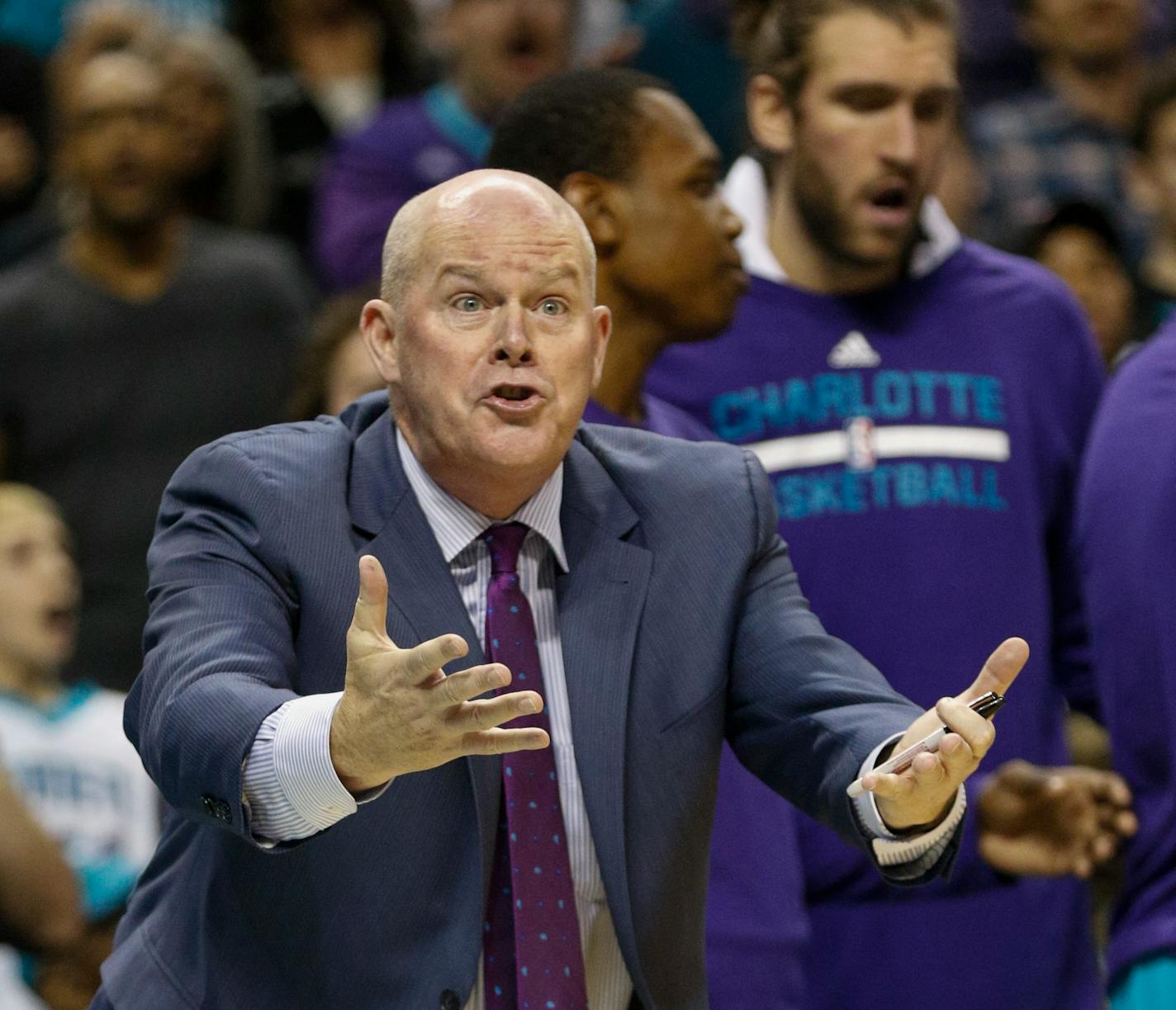 Charlotte Hornets coach Steve Clifford argues an official's call as Charlotte plays the Minnesota Timberwolves in the second half of an NBA basketball game in Charlotte, N.C., Saturday, Dec. 3, 2016. (AP Photo/Nell Redmond)