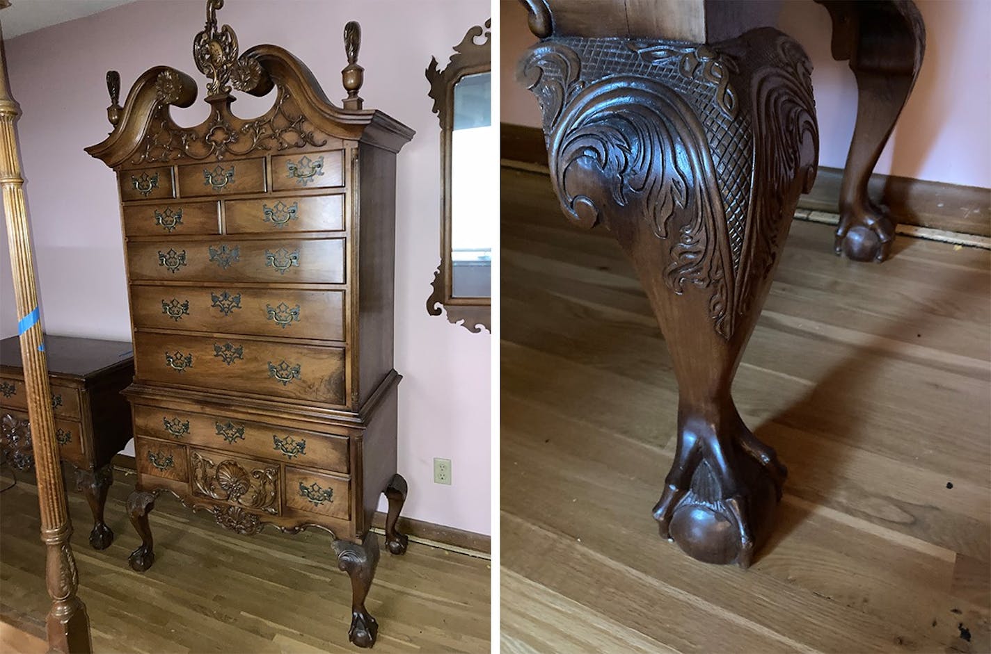 One of the dressers, and a detail of the intricate carving.