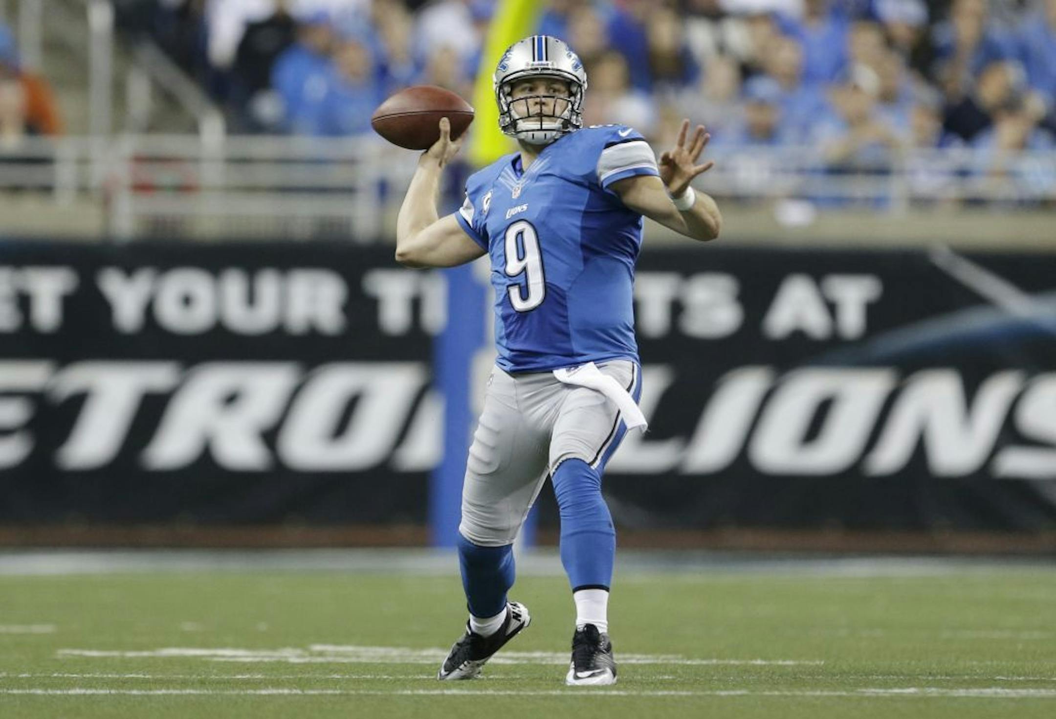 Detroit Lions quarterback Matthew Stafford (9) throws during the third quarter of an NFL football game against the Indianapolis Colts at Ford Field in Detroit, Sunday, Dec. 2, 2012.
