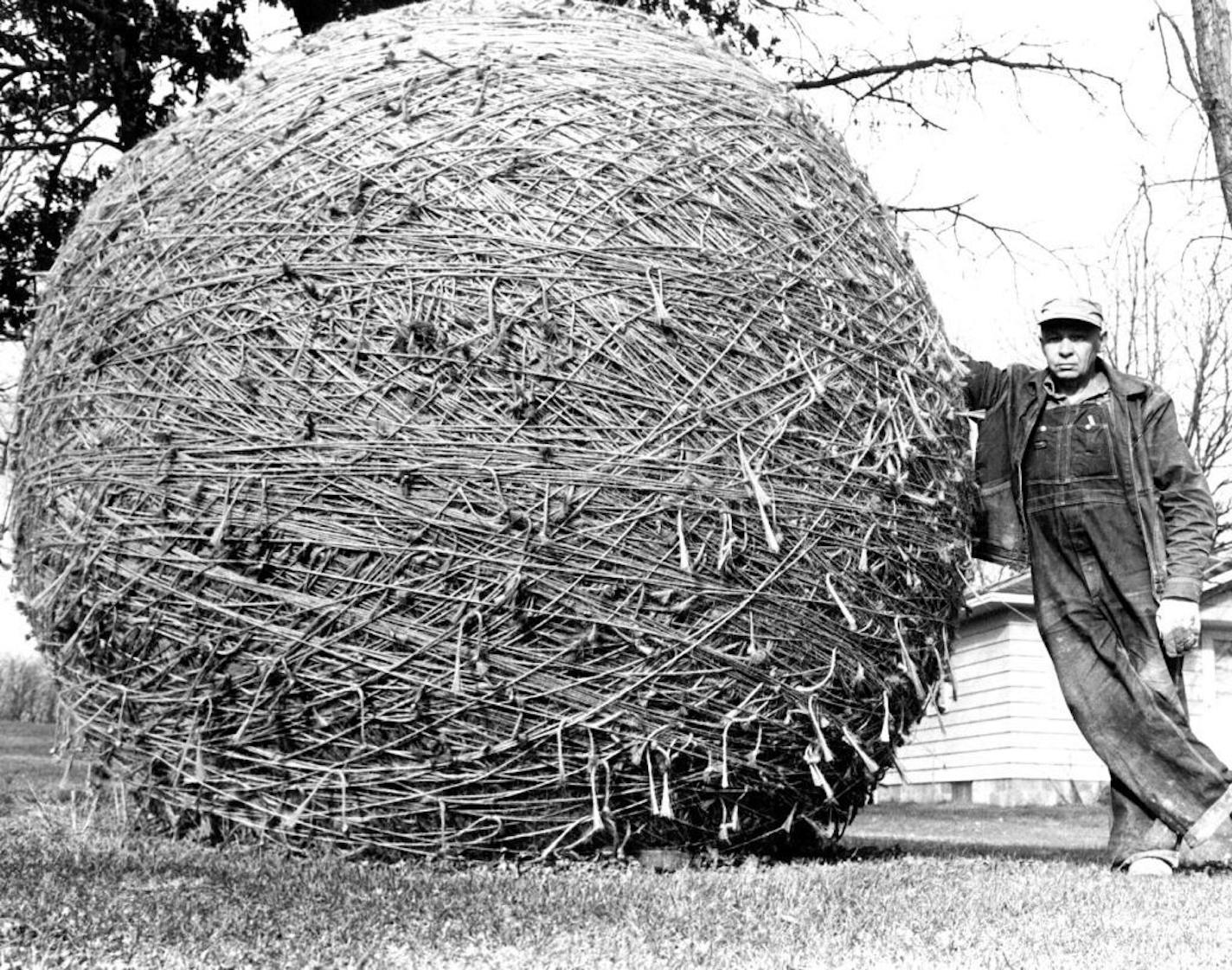 June 25, 1982 The photo at left show Johnson, of Darwin, Minn., and his twine in the 1990s. The photo above shows the same Johnson, and the same ball of twine, but now he keeps the twine in a fiberglass house. The ball, which Johnson started in 1950, grew to 40 feet around the middle before Johnson stopped adding to it in 1978. Johnson's will leaves the twine to Meeker County. September 23, 1982 December 3, 1987 Earl Seubert, Minneapolis Star Tribune