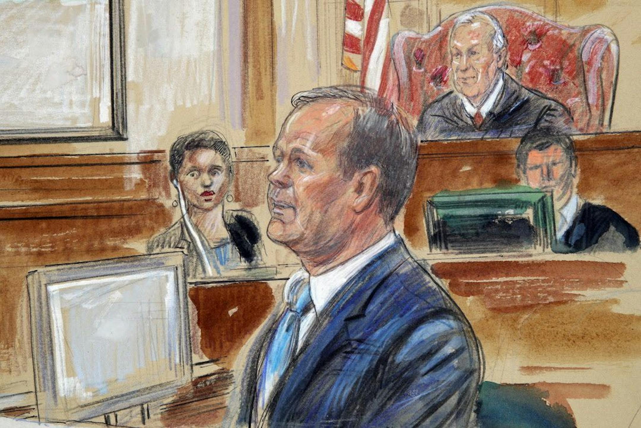 This courtroom sketch depicts Rick Gates, right, testifying during questioning in the bank fraud and tax evasion trial of Paul Manafort at federal court in Alexandria, Va., Tuesday, Aug. 7, 2018. U.S. district Judge T.S. Ellis III presides at top right.