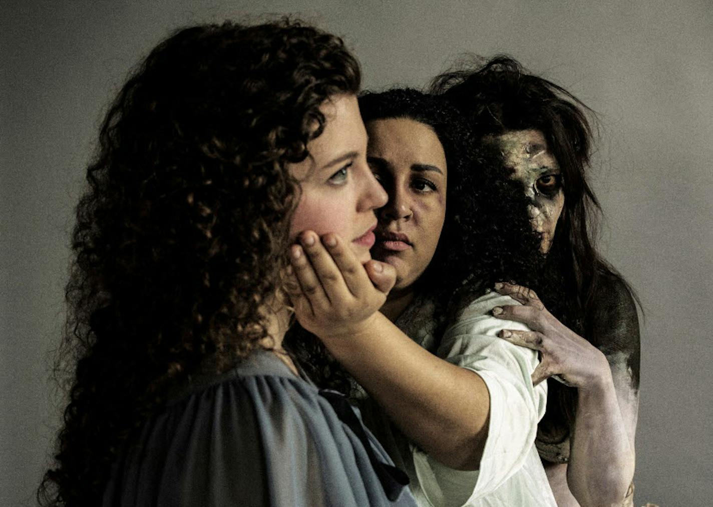 Hayley Sisler (Lily), Gabrielle Dominique (Josie), and Ariel Leaf (the Skriker) in "The Skriker" by Fortune's Fool Theatre. Photo by Phen Grant and Leah Edelman-Brier