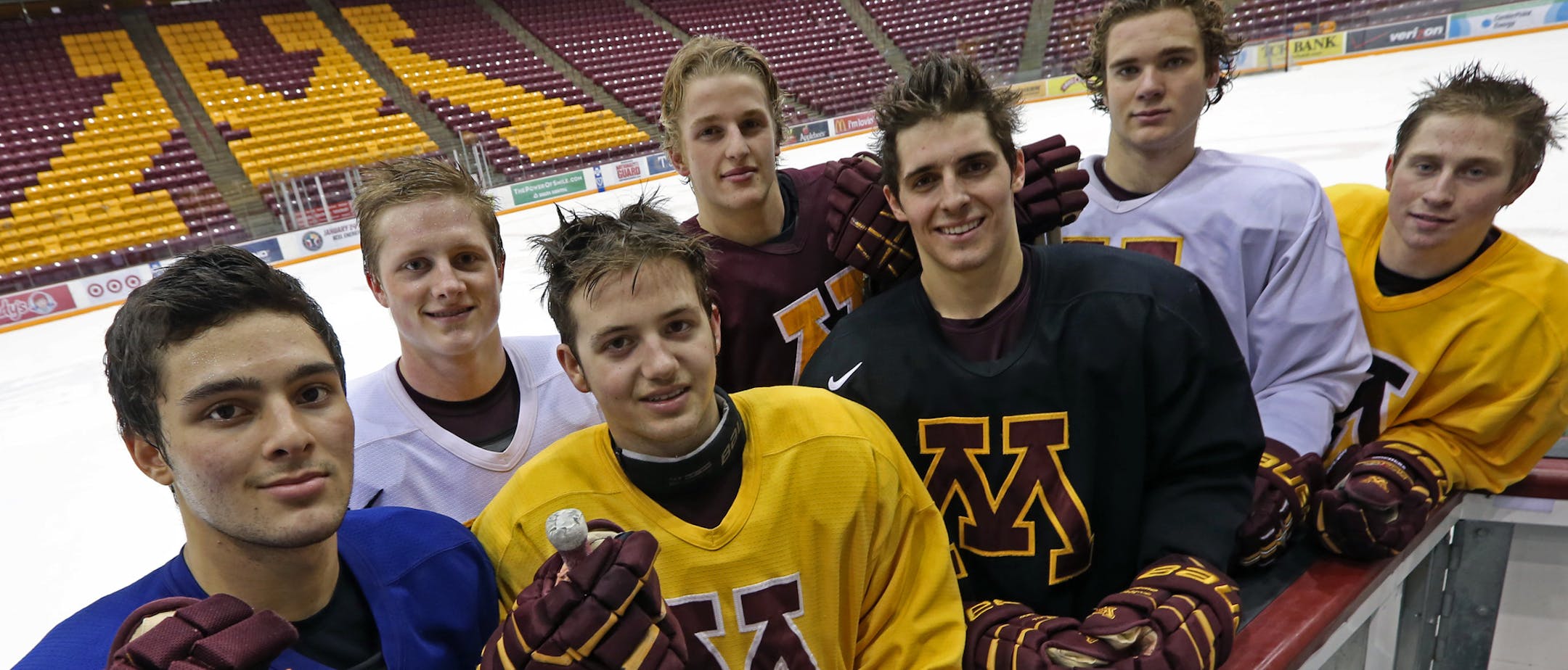 (left to right) University of Minnesota Gophers Hockey Freshmen, Gabe Guertier, Michale Brodzinski, Taylor Cammarata, Hudson Fasching, Vinni Letteri, Jake Bischoff and Justin Kloos, photographed on 11/13/13.] Bruce Bisping/Star Tribune bbisping@startribune.com Gabe Guertier, Michale Brodzinski, Taylor Cammarata, Hudson Fasching, Vinni Letteri, Jake Bischoff and Justin Kloos/roster.