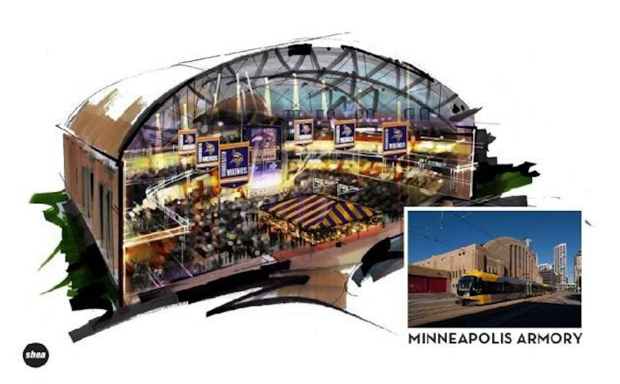An artist's rendering of the Minneapolis Armory on Vikings game days.