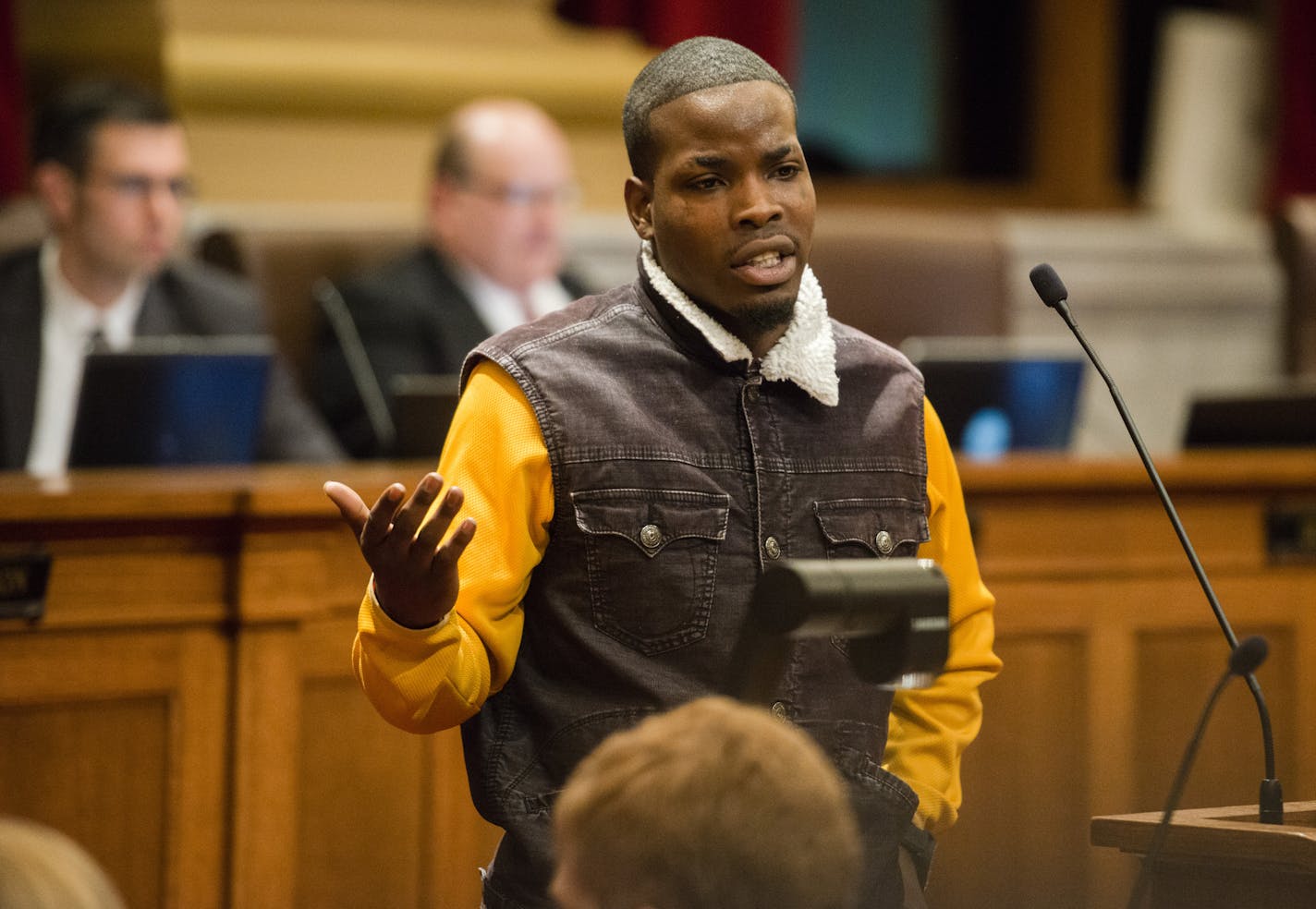 Navell Gordon with Neighborhoods Organizing for Change addressed observers and denounced council members that would support the proposal. ] Mark Vancleave - mark.vancleave@startribune.com * The Minneapolis City Council held it's final public hearing on 2016 budget. Black Lives Matter activists and city residents spoke out against last-minute proposal that would direct $605,000 in city money to repair Fourth Precinct headquarters.