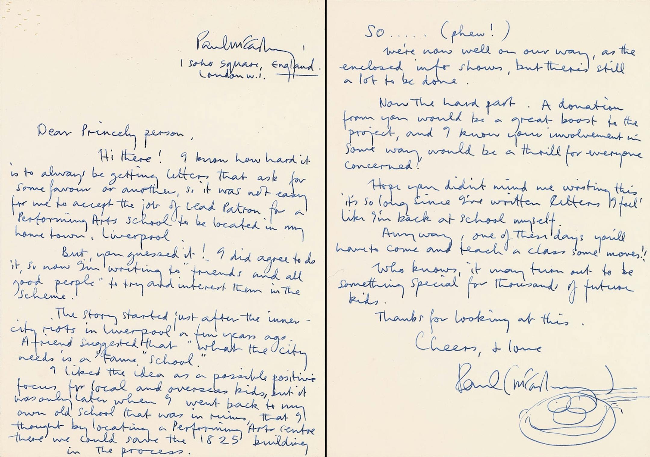 A two-page letter Paul McCartney wrote longhand to Prince many years ago with the salutation ìDear Princely personî sold at auction for nearly $15,000.