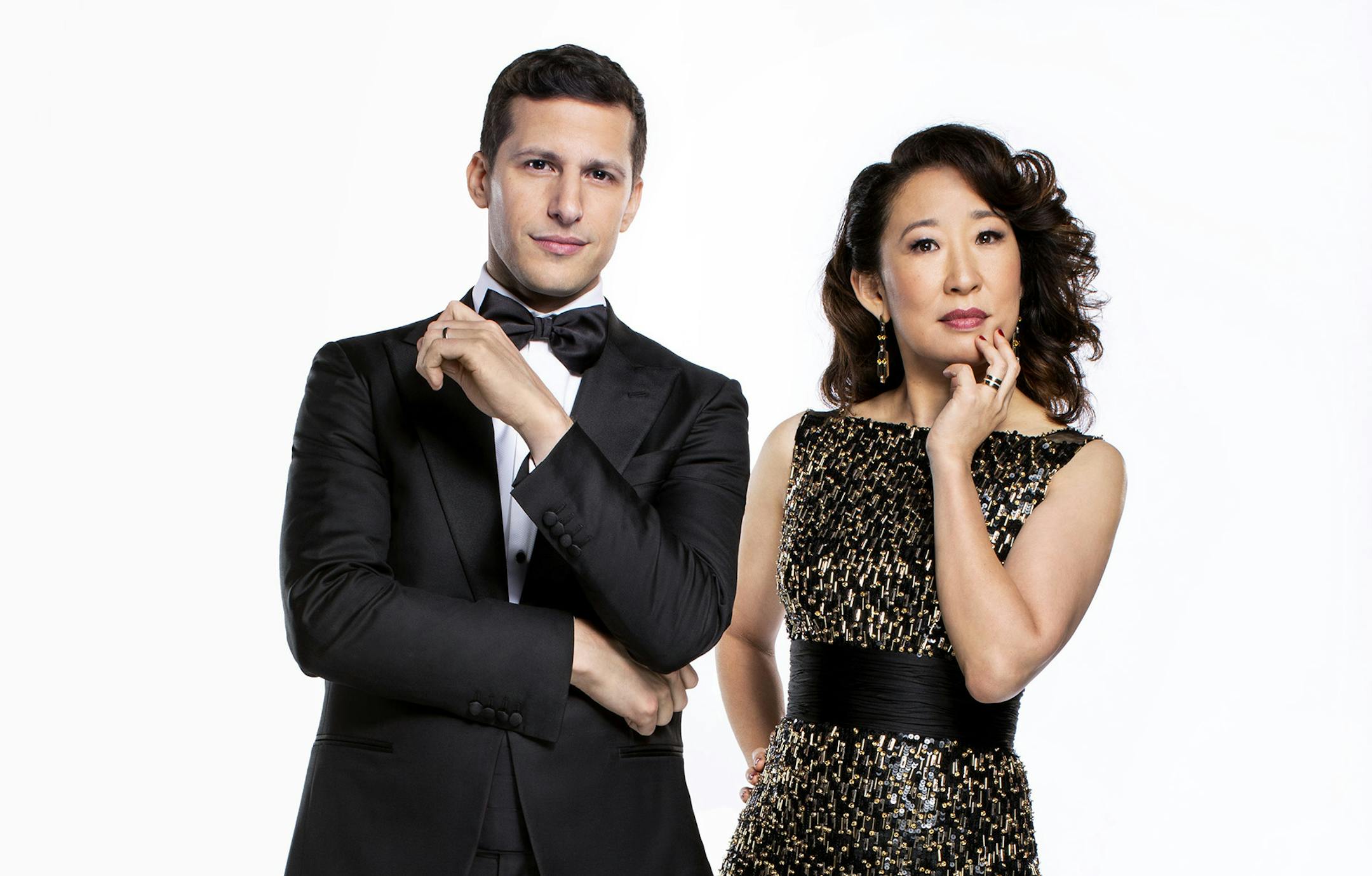 THE GOLDEN GLOBE AWARDS -- Andy Samberg & Sandra Oh -- Pictured: (l-r) Andy Samberg, Sandra Oh -- (Photo by: Trae Patton/NBC) ORG XMIT: Season:76