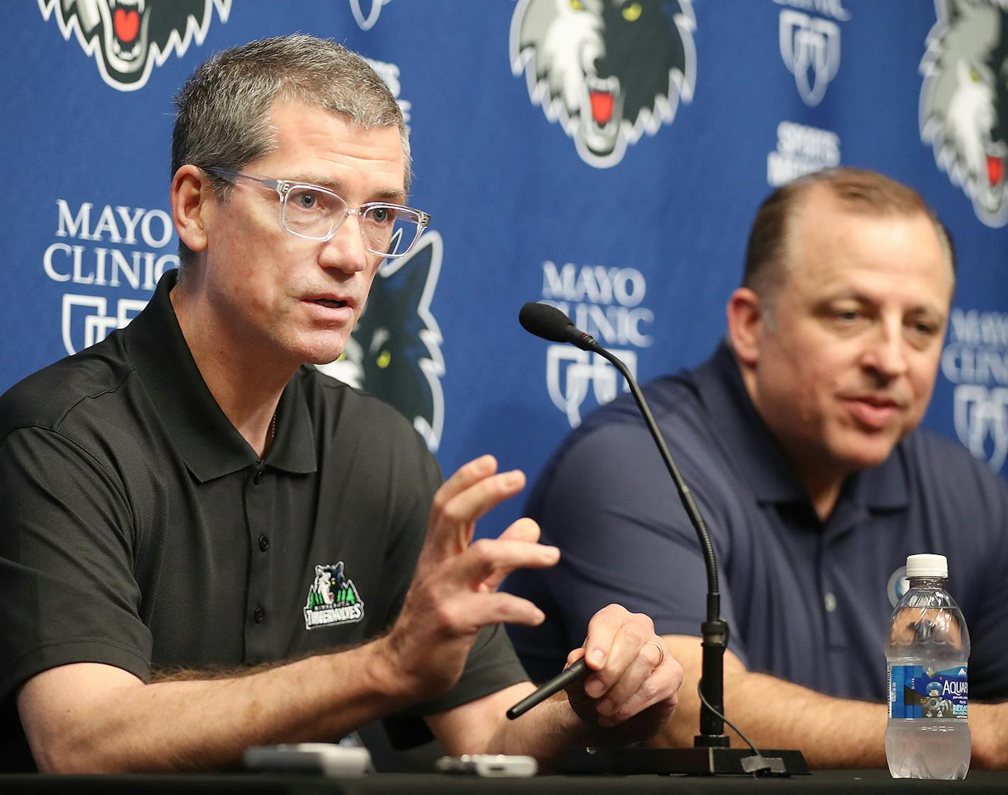 Timberwolves GM Scott Layden, left, and coach Tom Thibodeau