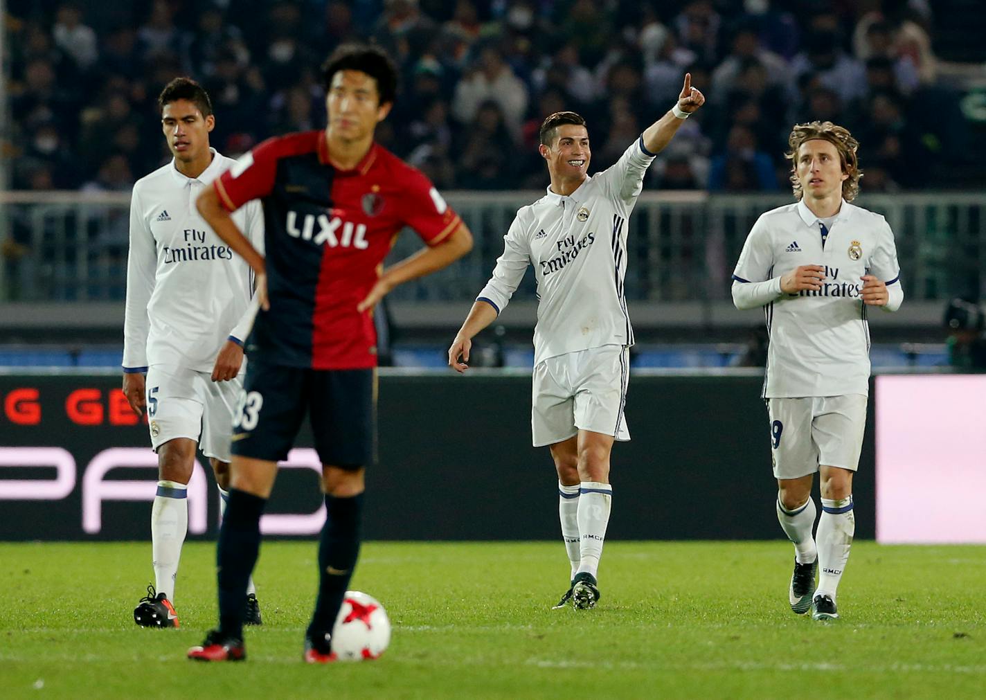 Real Madrid's Cristiano Ronaldo gestures after scoring his third goal against Kashima Antlers during the final of the FIFA Club World Cup soccer tournament in Yokohama, near Tokyo, Sunday, Dec. 18, 2016. (AP Photo/Shuji Kajiyama)