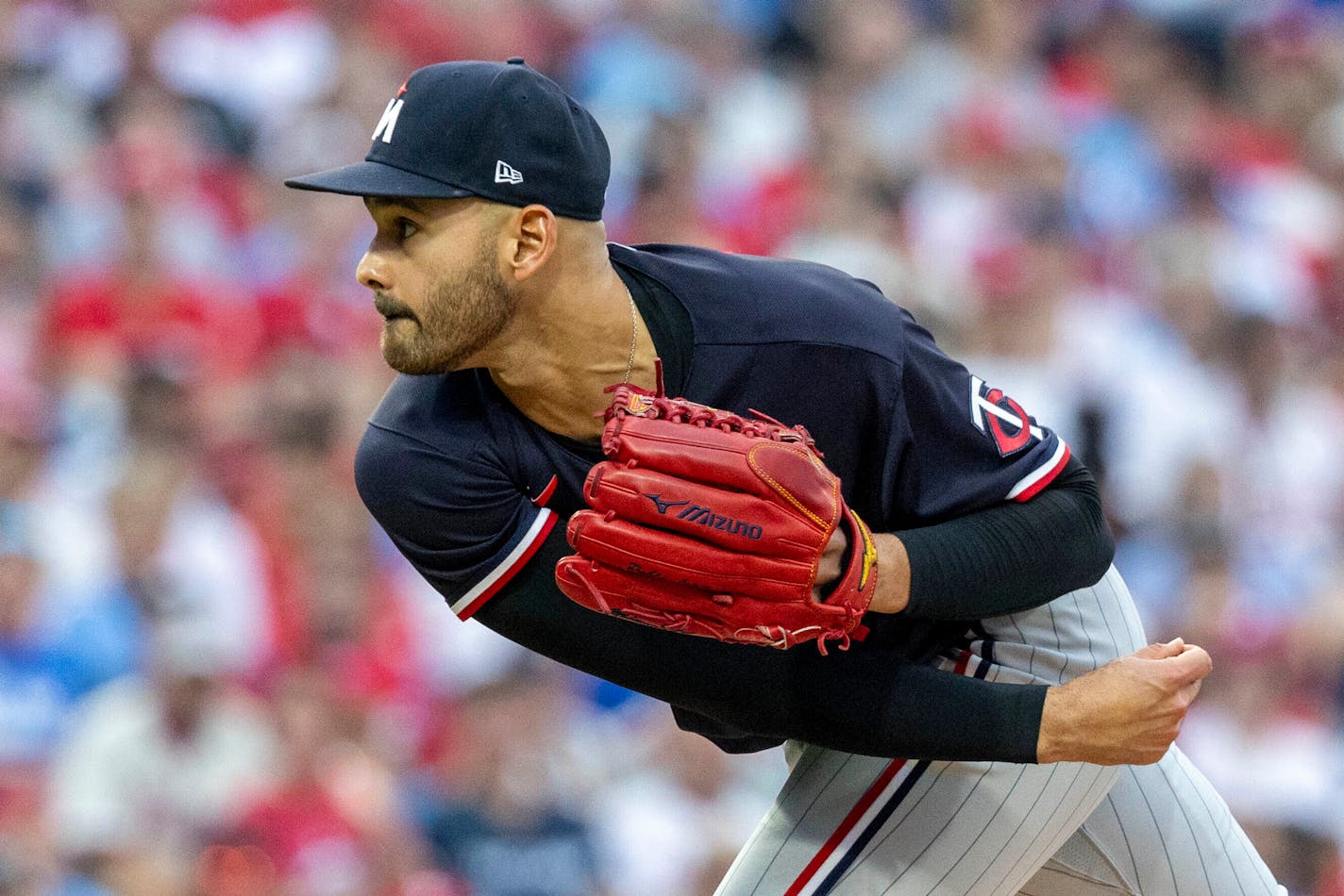 Minnesota Twins starting pitcher Pablo Lopez throws during the first inning of a baseball game against the Philadelphia Phillies, Saturday, Aug. 12, 2023, in Philadelphia. (AP Photo/Laurence Kesterson)