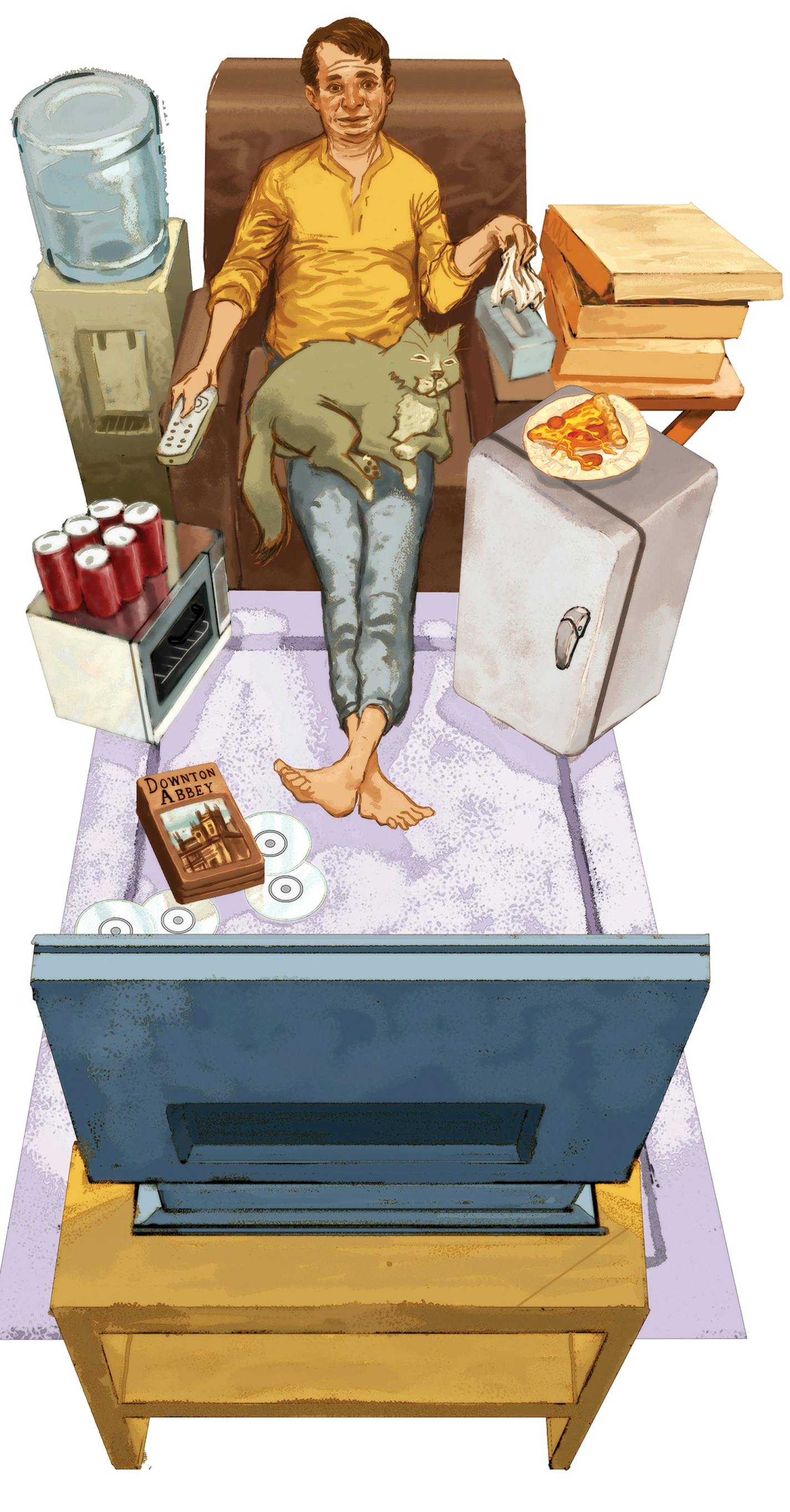 300 dpi Jeff Durham illustration of a man sitting in front of his TV surrounded by food, drink as he watches the entire DVD collection of "Downton Abbey"; can be used with stories about going on a TV binge. (Bay Area News Group/MCT) ORG XMIT: 1110954