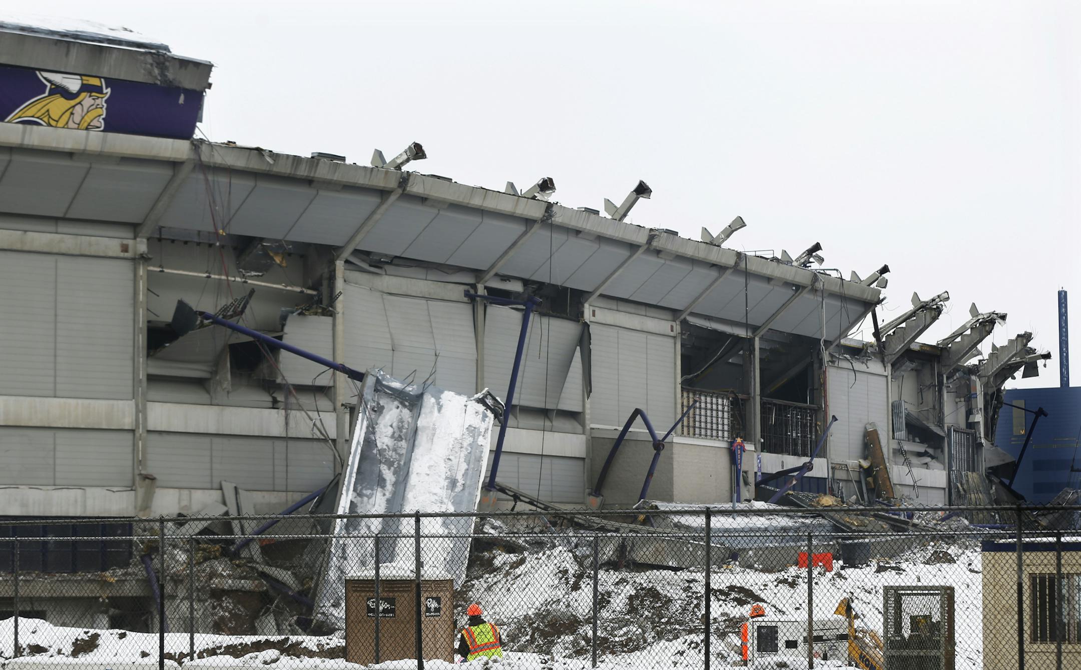 As workers were dismantling the east-southeast side of the Metrodome at about 1 p.m. on Monday, part of an adjacent section collapsed unexpectedly. No one was injured.