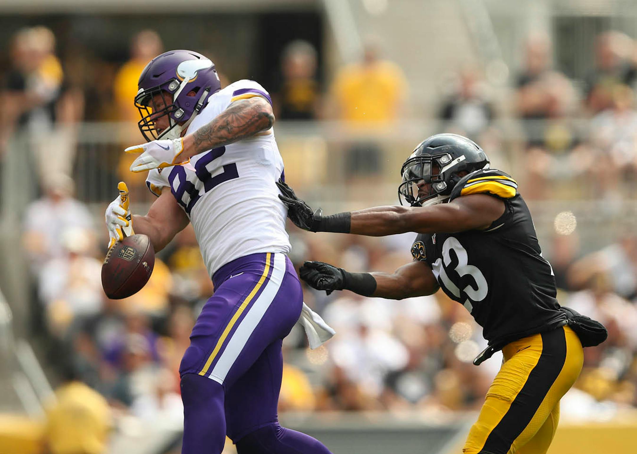 Pittsburgh Steelers free safety Mike Mitchell (23) caused Minnesota Vikings tight end Kyle Rudolph (82) to lose control of a second quarter catch.