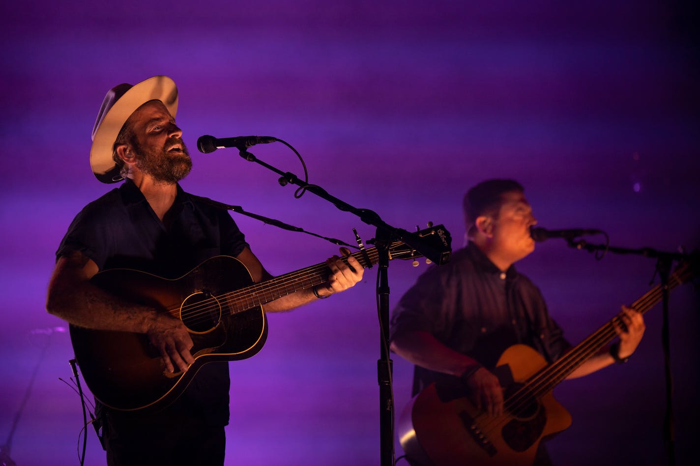 Dave Simonett, left, and bassist Tim Saxhaug during Trampled By Turtles' show at The Caverns Saturday night. ] JEFF WHEELER • jeff.wheeler@startribune.com