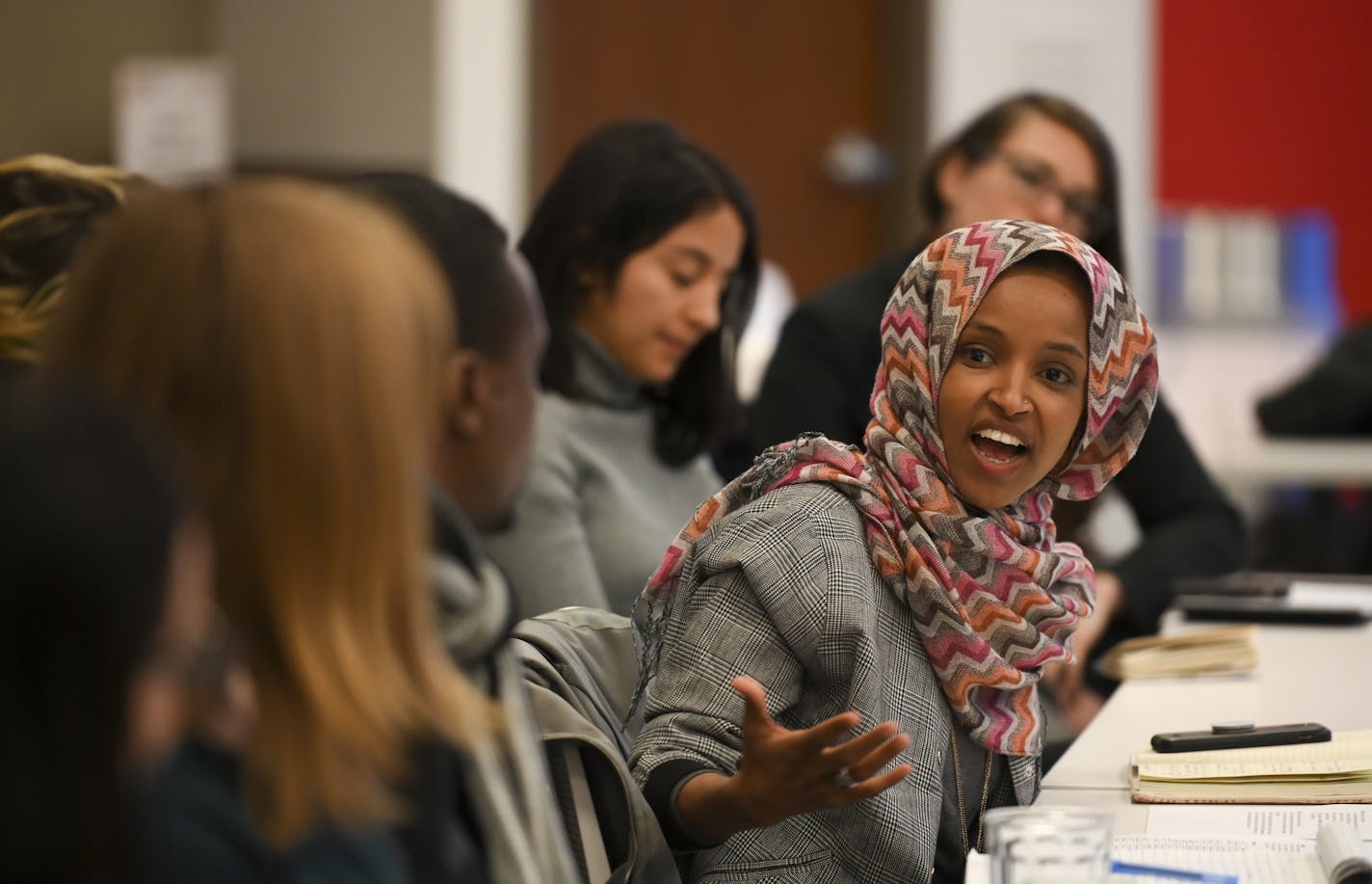 Rep. Ilhan Omar spoke to attendees of an immigration round table discussion Tuesday in Minneapolis. ] Aaron Lavinsky &#xa5; aaron.lavinsky@startribune.com Rep. Ilhan Omar held an immigration round table discussion "to discuss immigration issues with leading advocates and organizers in the district" on Tuesday, Feb. 19, 2019 in Minneapolis, Minn.