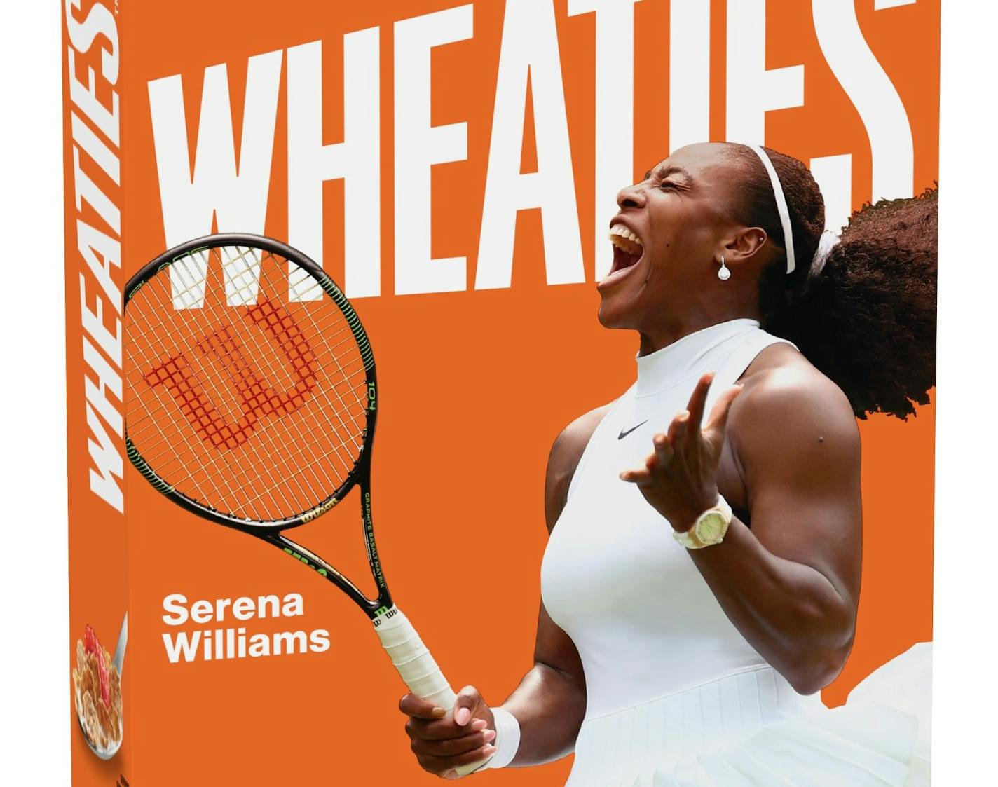 A cropped image of the Wheaties box featuring Serena Williams