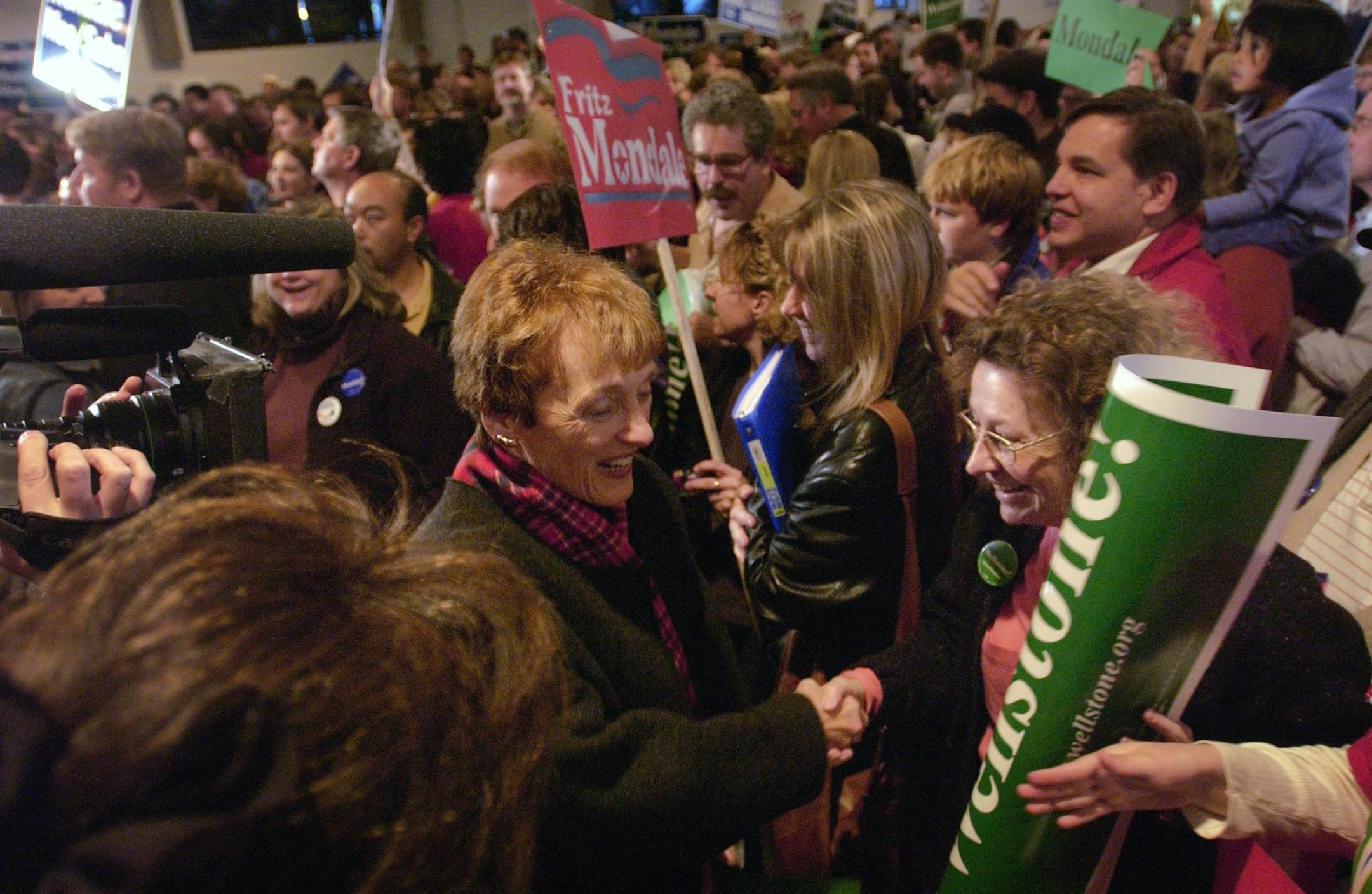 SUNDAY_11/03/02_St.Paul - - - - - - Joan Mondale made her way through the cheering crowd of supporters gathered at a Get Out The Vote rally at the UAW Hall on Ford Parkway.