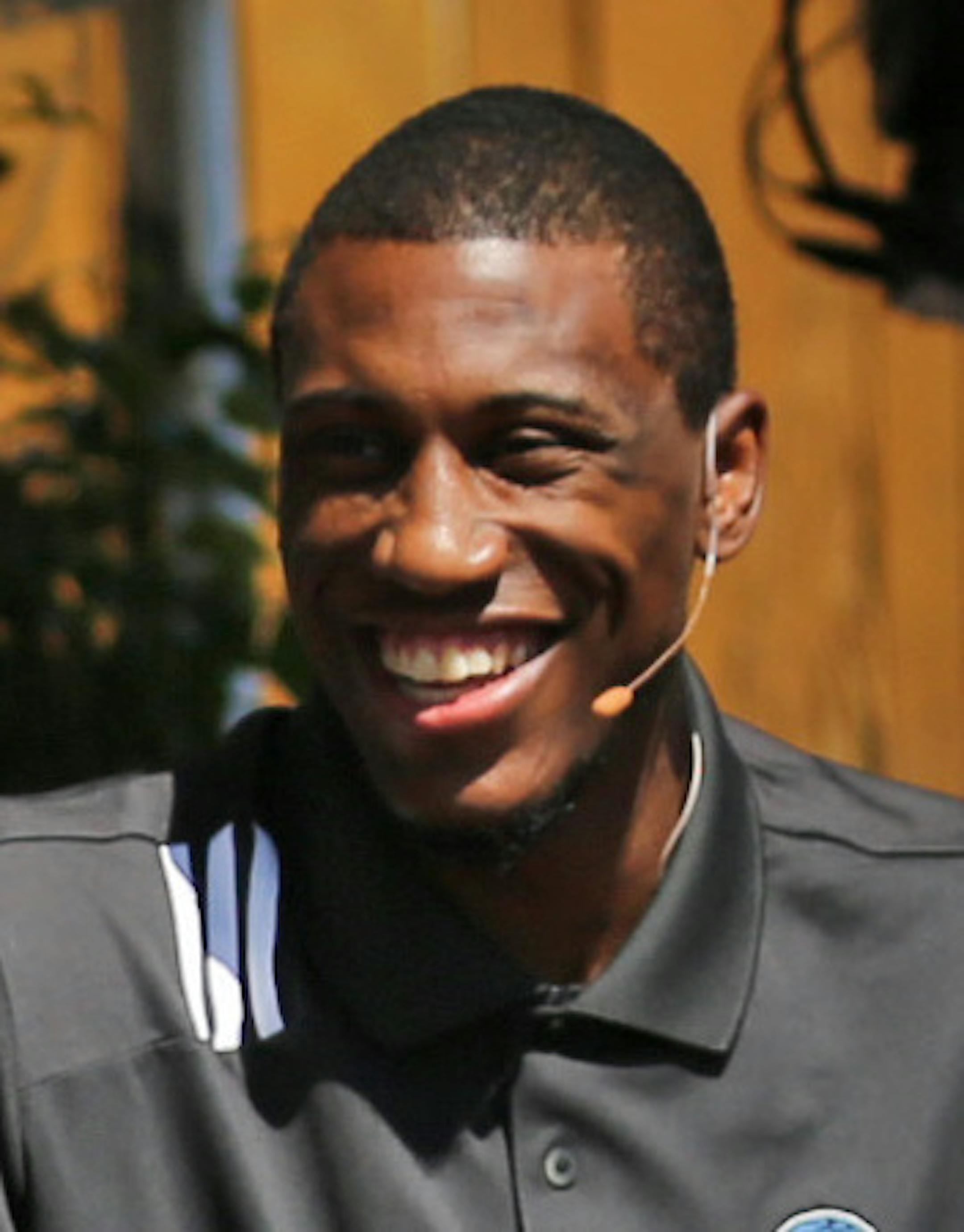 New Minnesota Timberwolves NBA basketball players, from left, Andrew Wiggins, Anthony Bennett, Thaddeus Young, Zach LaVine attend a news conference at the Minnesota State Fair on Tuesday, Aug. 26, 2014, in Falcon Heights, Minn. (AP Photo/Star Tribune, Brian Mark Peterson)