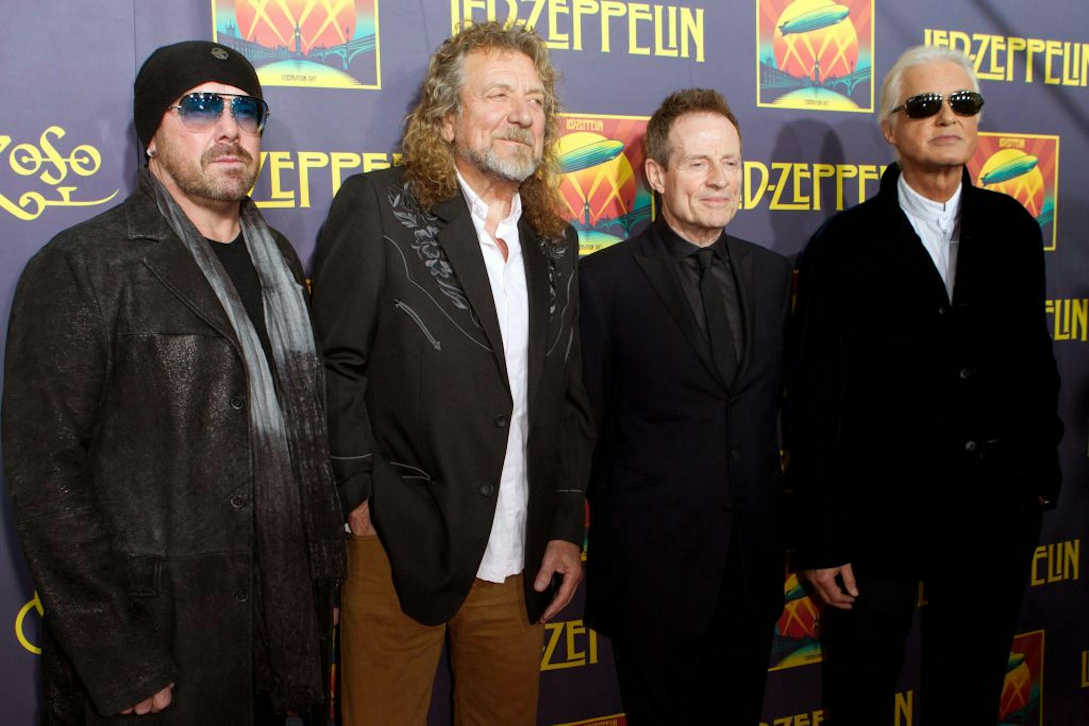 Musicians Jason Bonham, Robert Plant, Jimmy Page and John Paul Jones attend the "Led Zeppelin: Celebration Day" premiere at the Ziegfeld Theater on Tuesday, Oct. 9, 2012 in New York.