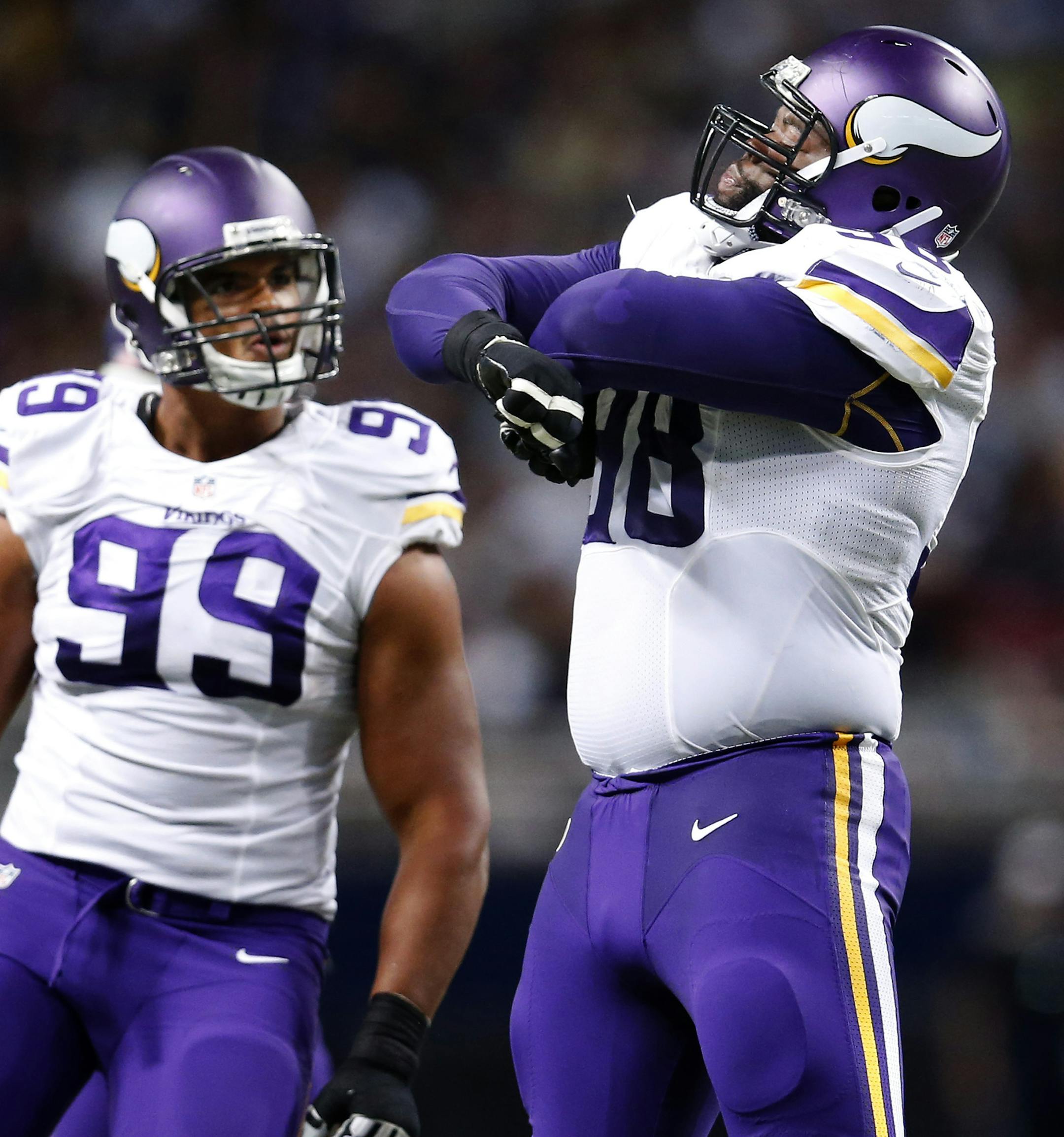Minnesota Vikings Linval Joseph (98) and Corey Wootton (99). ] CARLOS GONZALEZ cgonzalez@startribune.com - September 7, 2014, St. Louis, MO, NFL, Edward Jones Dome, Minnesota Vikings vs. St. Louis Rams